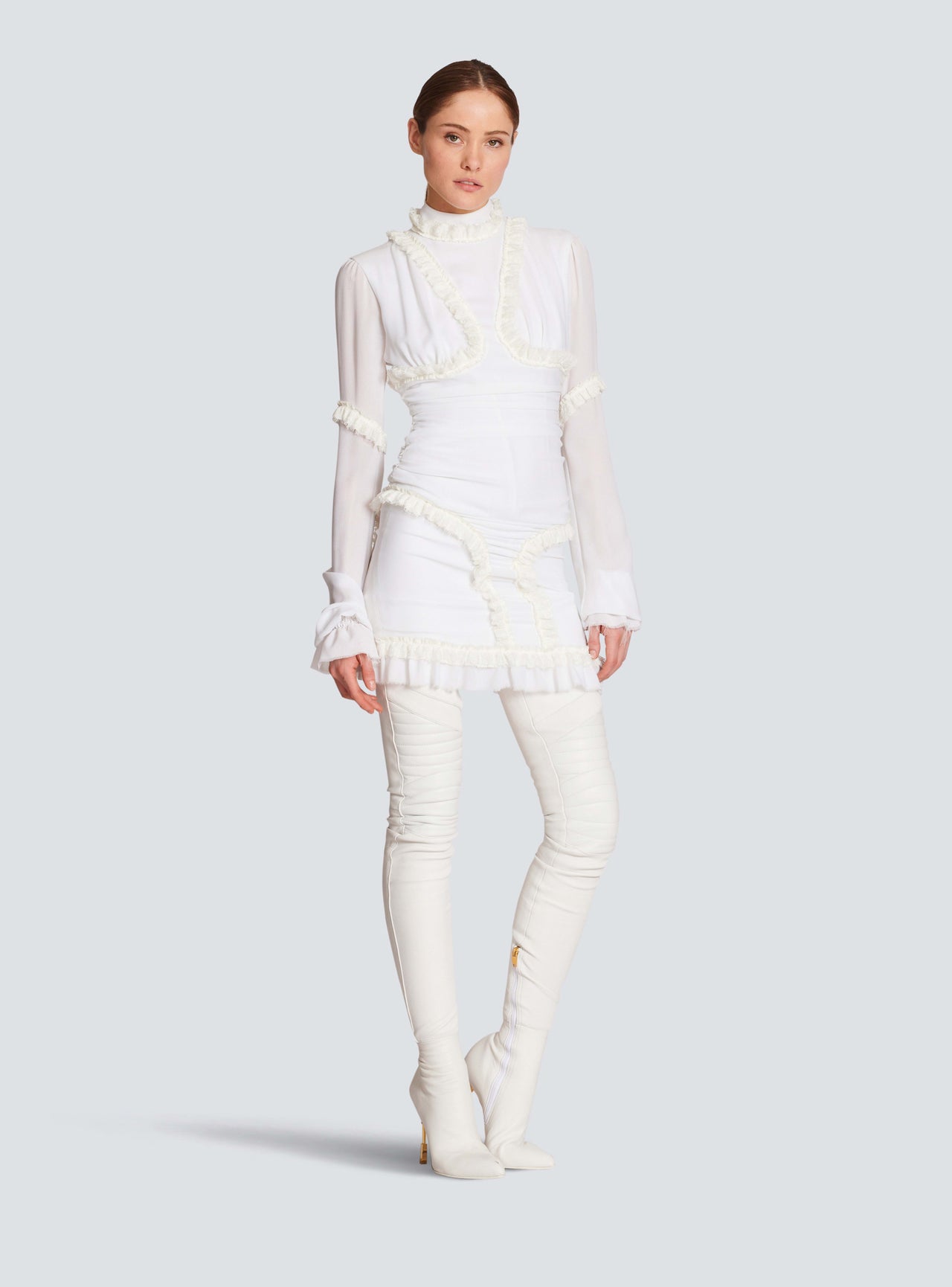 Balmain Women's Ls Crepe Short Dress With Ruffles