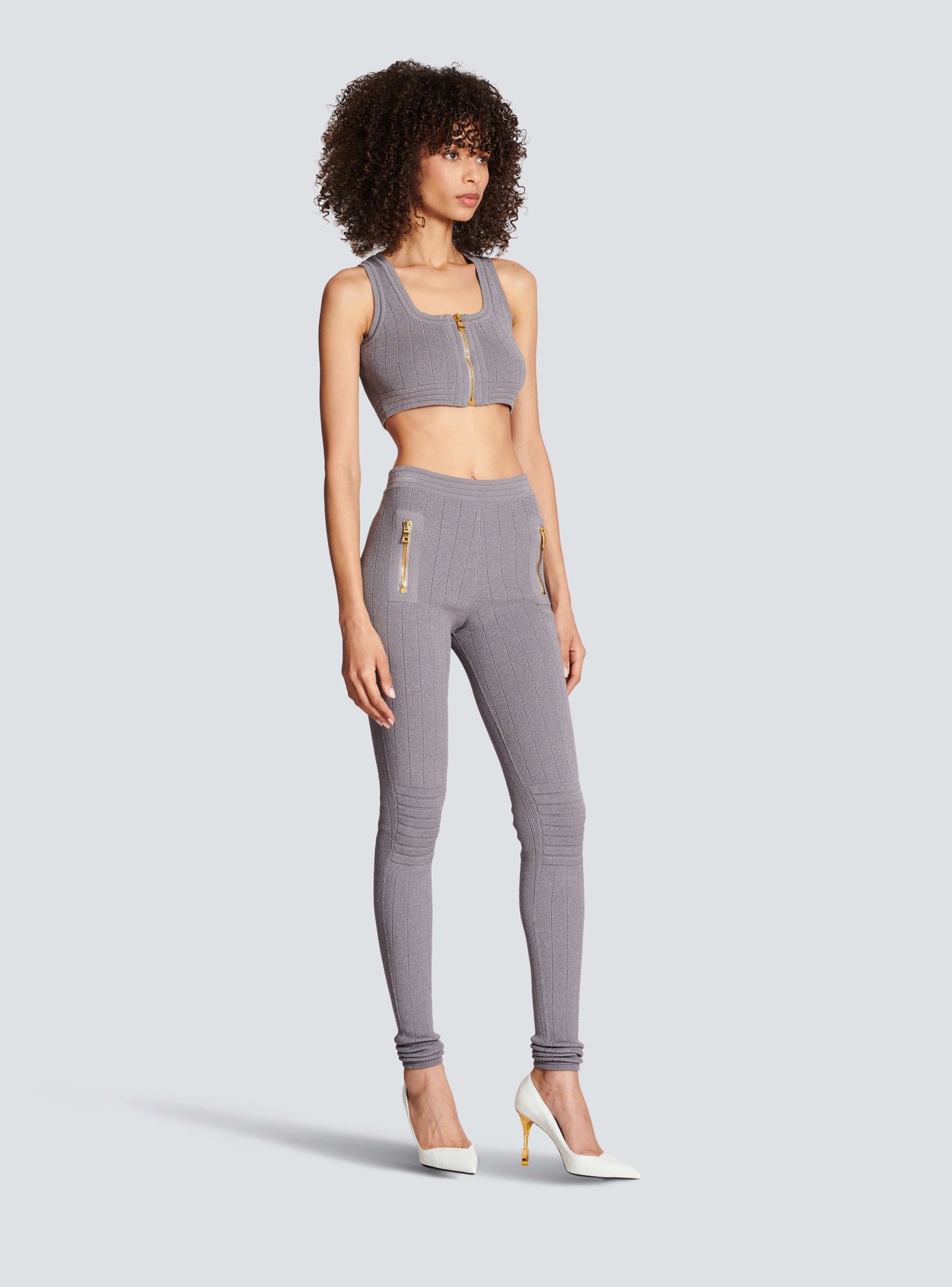 Balmain Women's Ribbed Knit Zipped Leggings