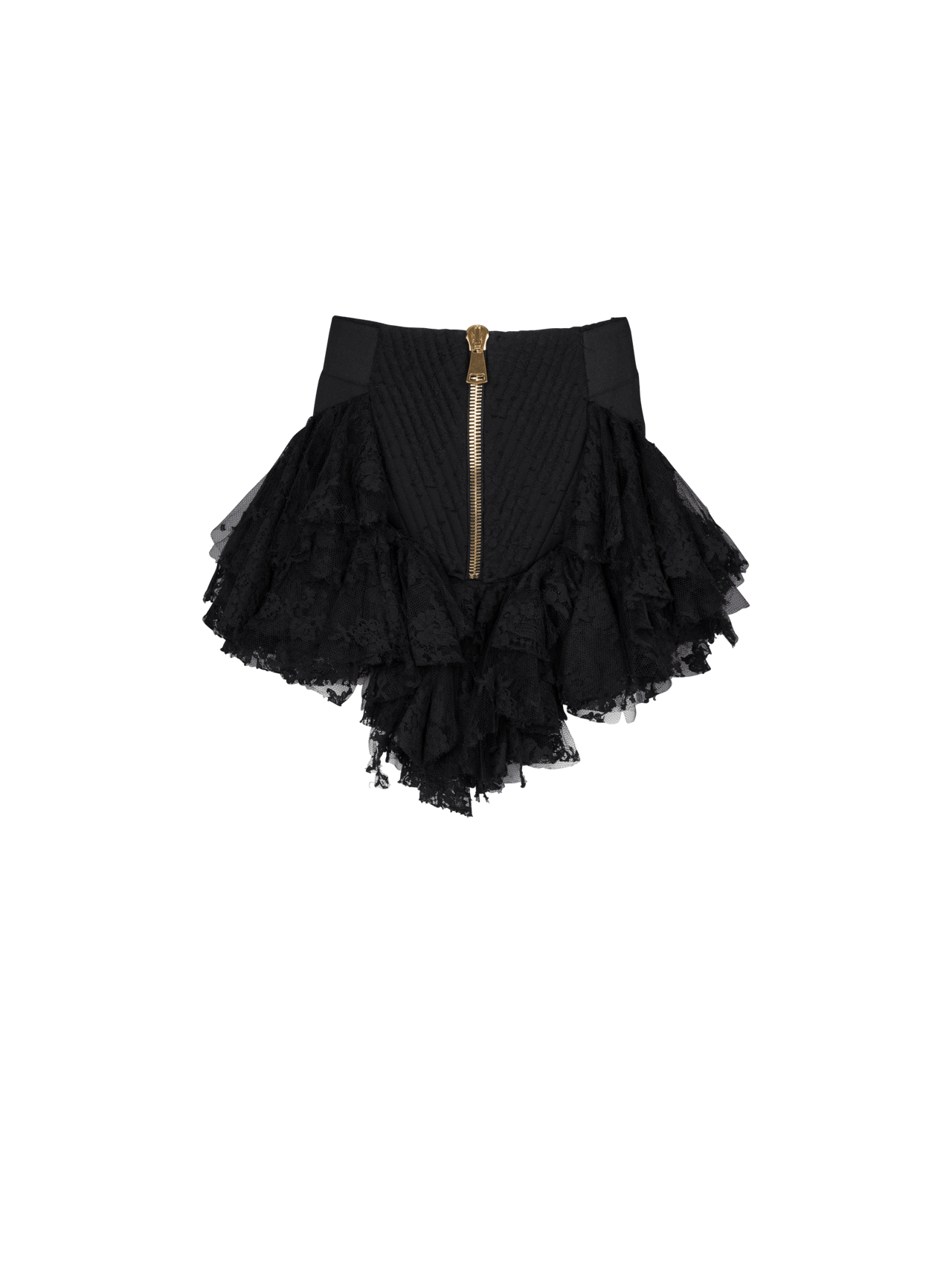 Balmain Women's Short Zipped Skirt With Lace Ruffles