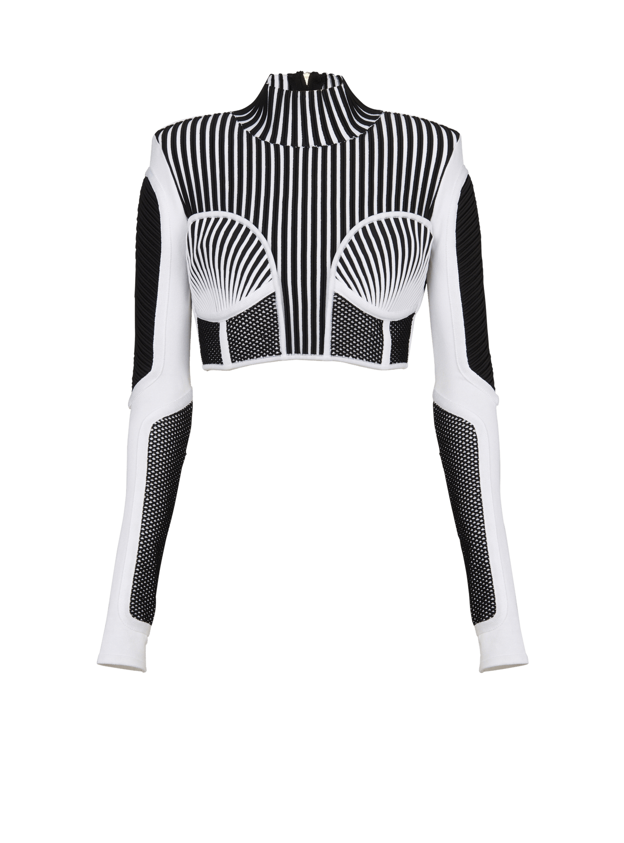 Balmain Women's Ls Biker Knit & Mesh Cropped Top