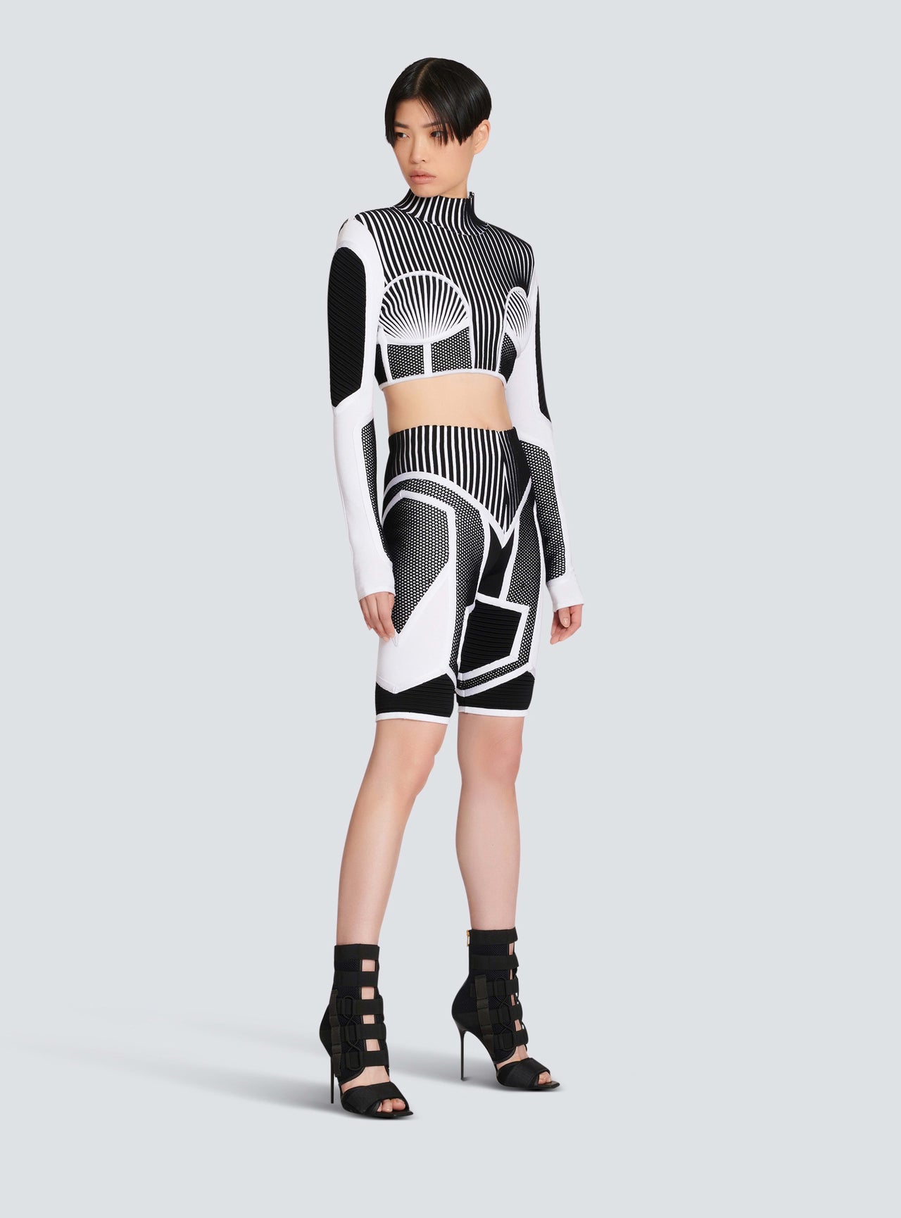 Balmain Women's Ls Biker Knit & Mesh Cropped Top