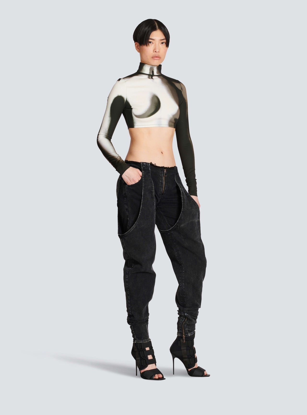 Balmain Women's Ls Body Print Jersey Cropped Top