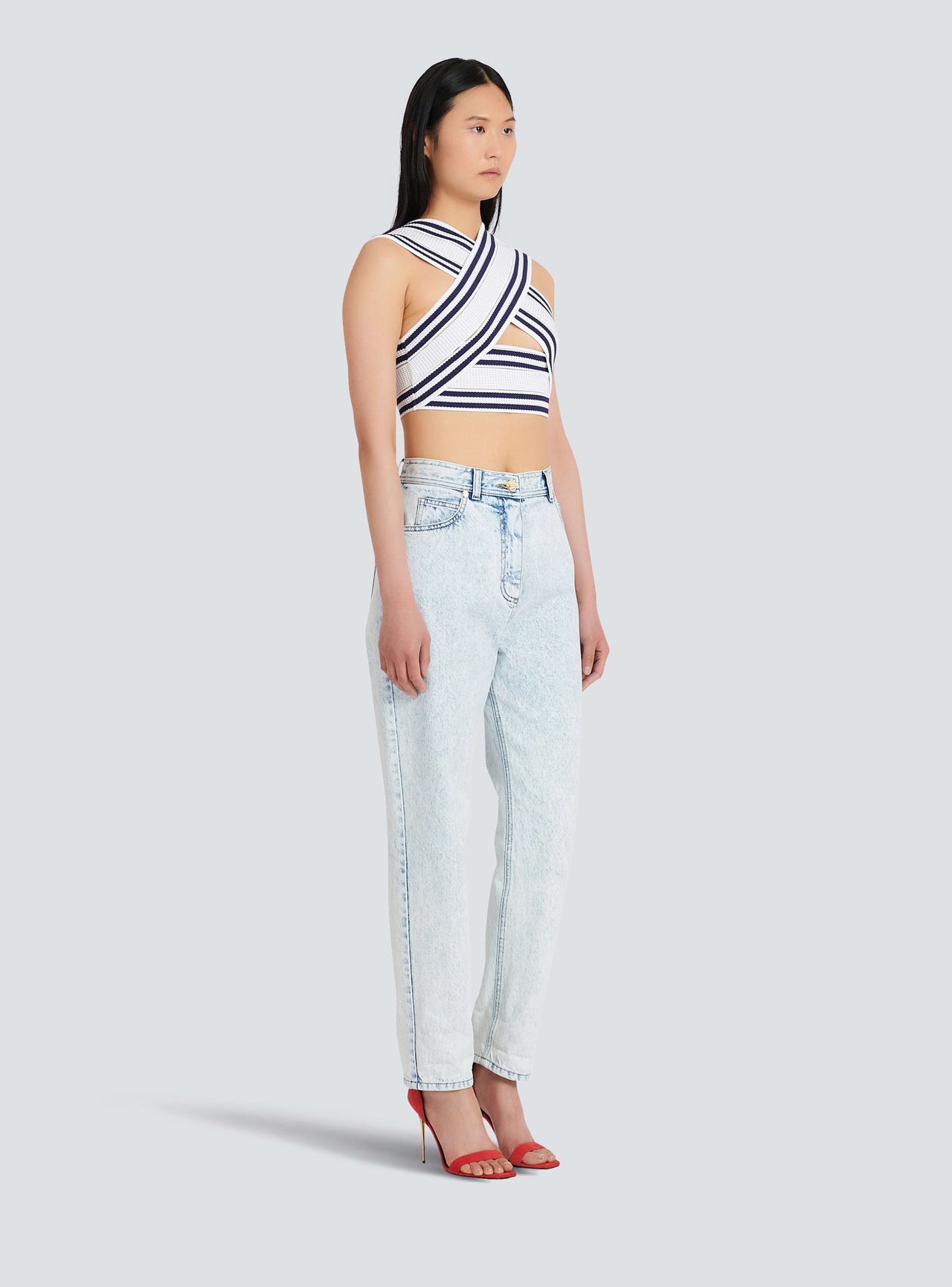 Balmain Women's High Waist Blue Denim Boyfriend Jeans