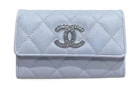 CHANEL Leather Tri-Fold Card Holder Coin Purse Women's Gray Blue