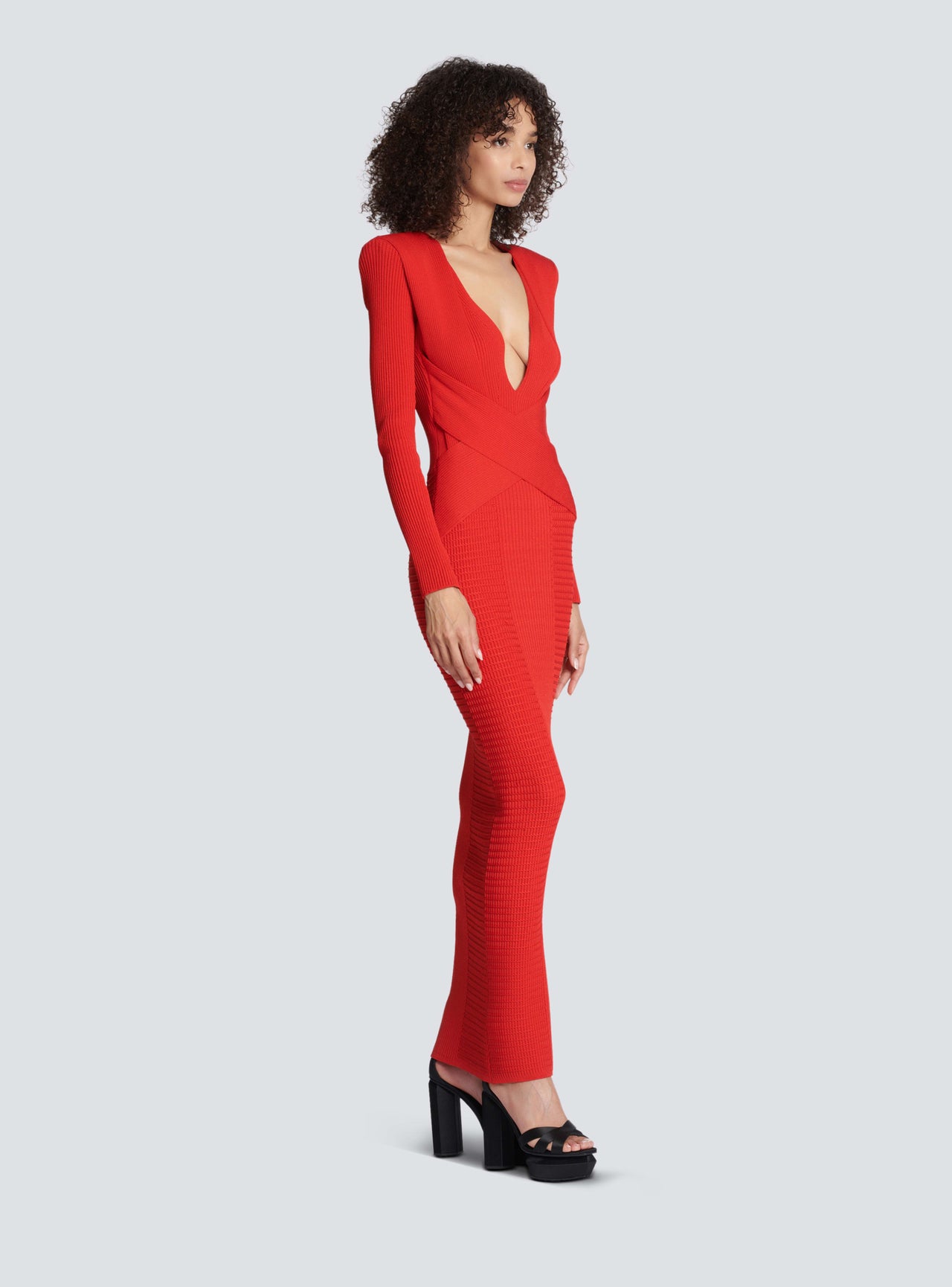 Balmain Women's Ls V Neck Waisted Knit Long Dress