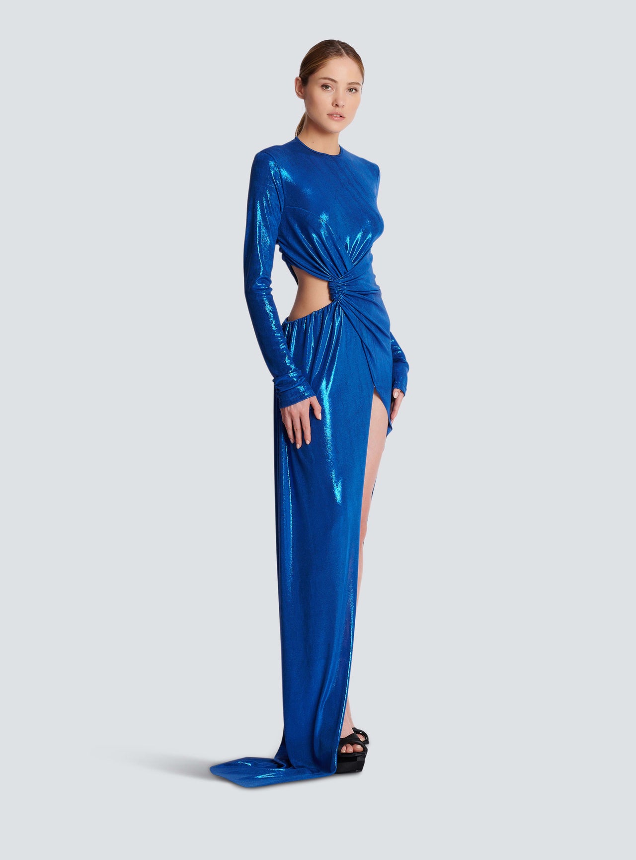 Balmain Women's Ls Draped Laminated Jersey Long Dress