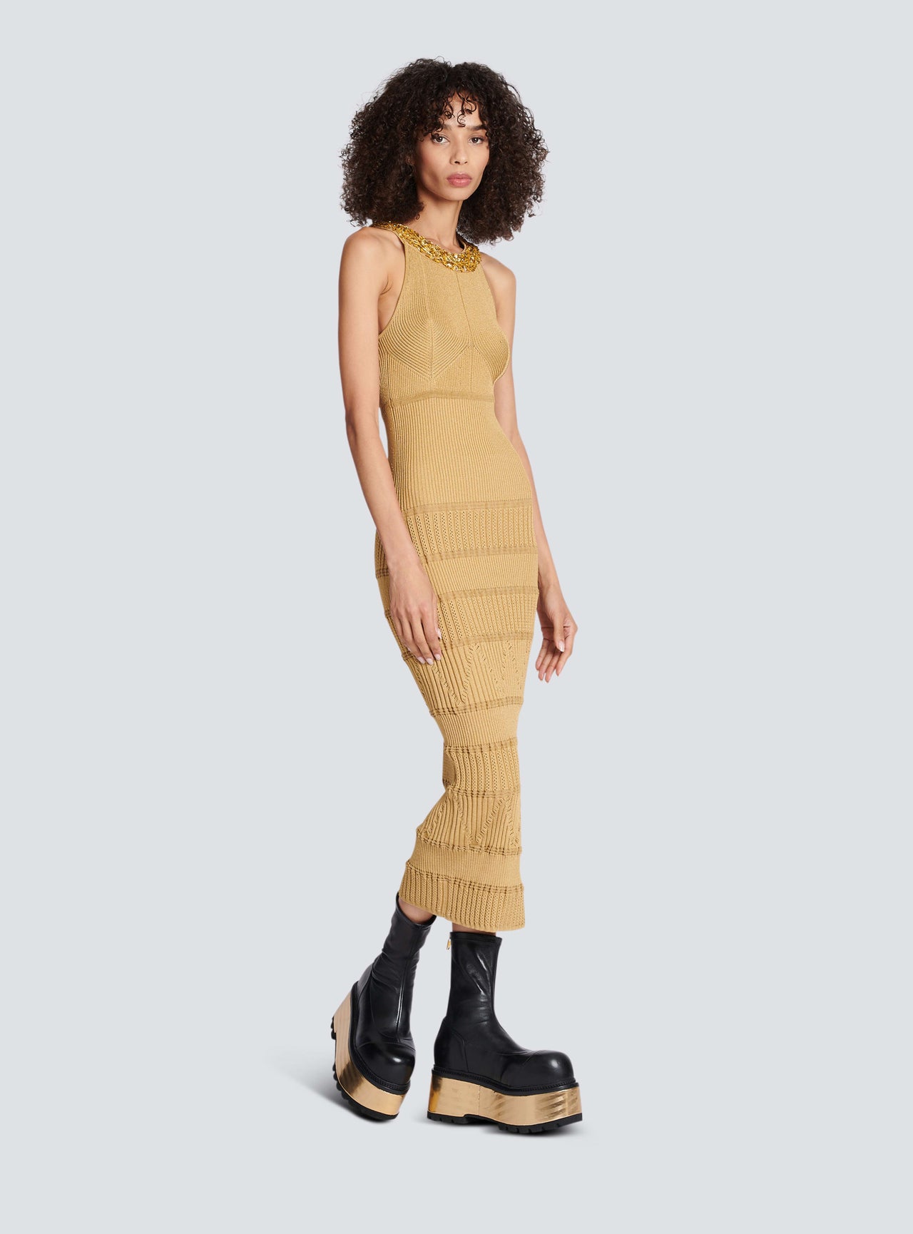 Balmain Women's Embroidered Collar Knit Midi Dress