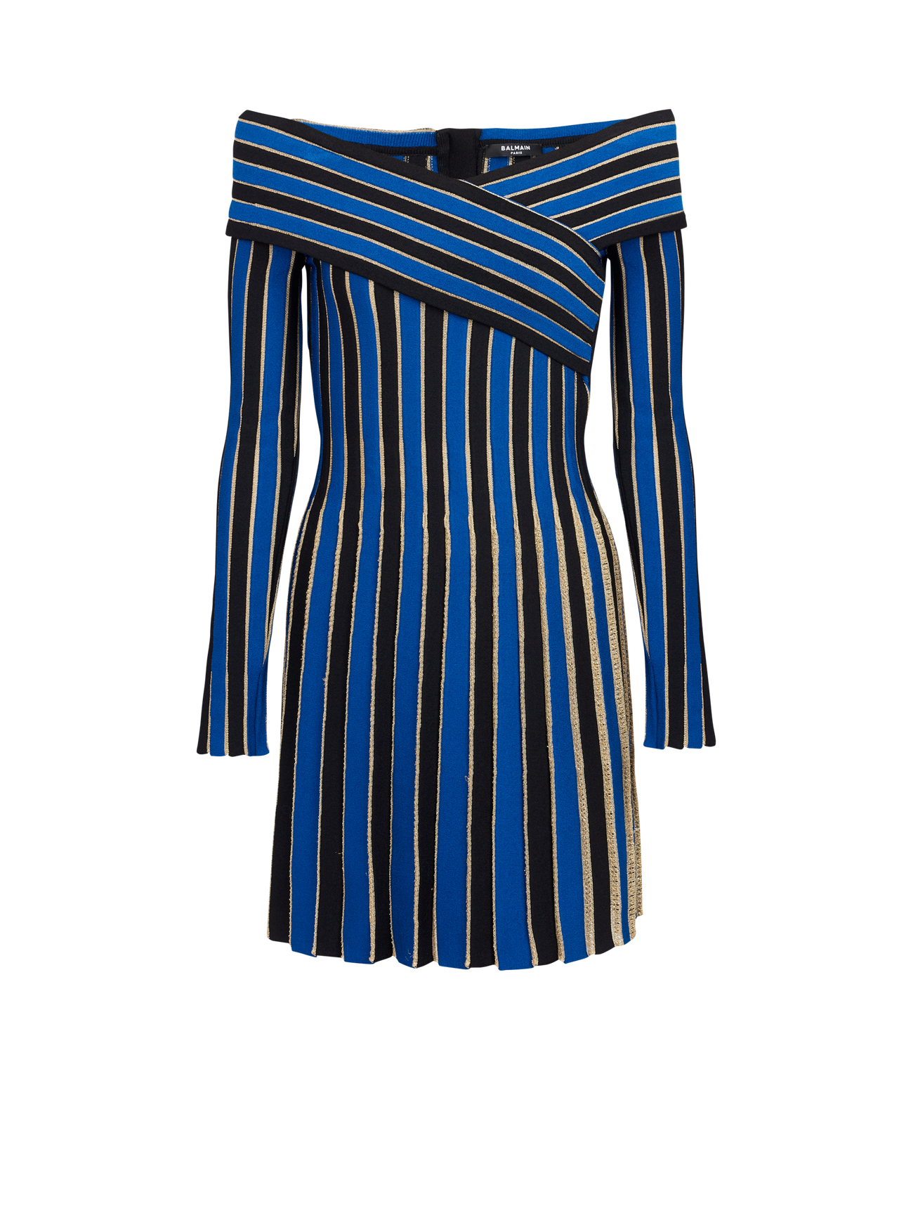 Balmain Women's Ls Off Shoulder Lurex Knit Pleated Dress