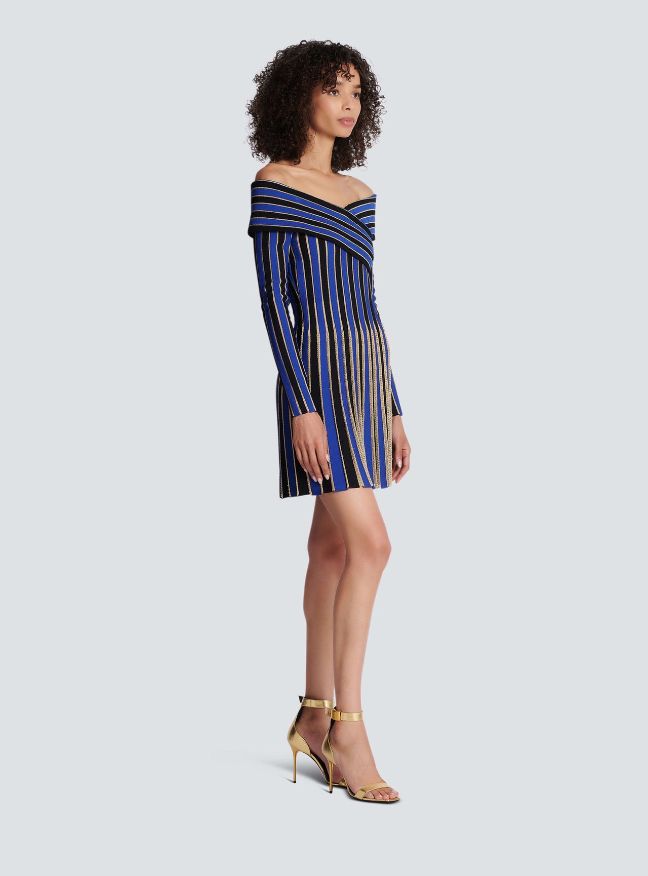 Balmain Women's Ls Off Shoulder Lurex Knit Pleated Dress