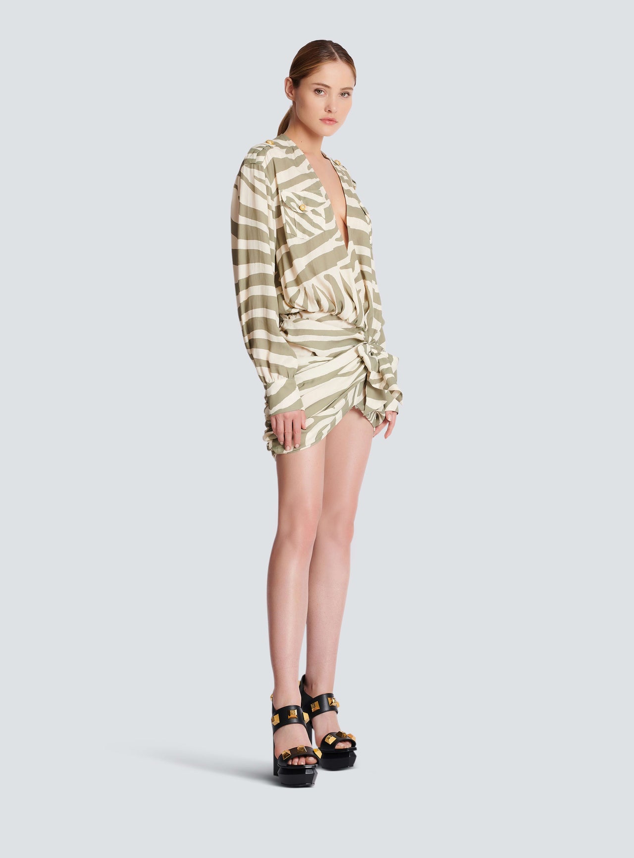 Balmain Women's Ls Zebra Printed Draped Short Dress
