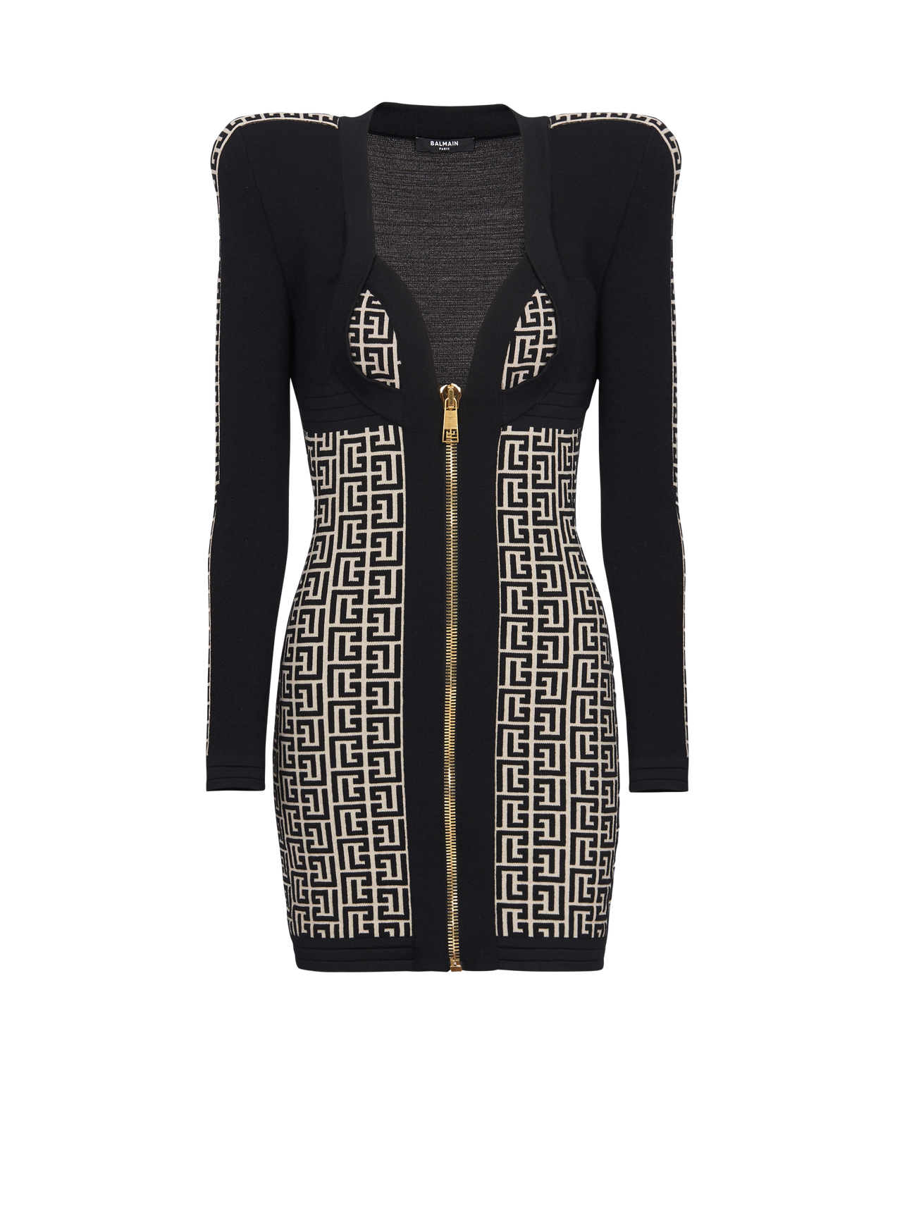 Balmain Women's Ls Monogram Knit Mix Zipped Short Dress