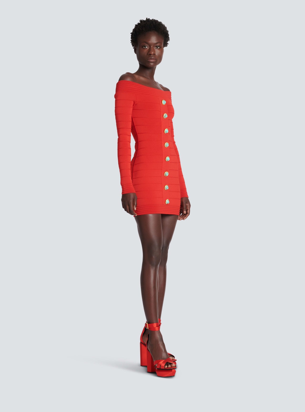 Balmain Women's Ls Off Shoulder Ribbed Knit Short Dress