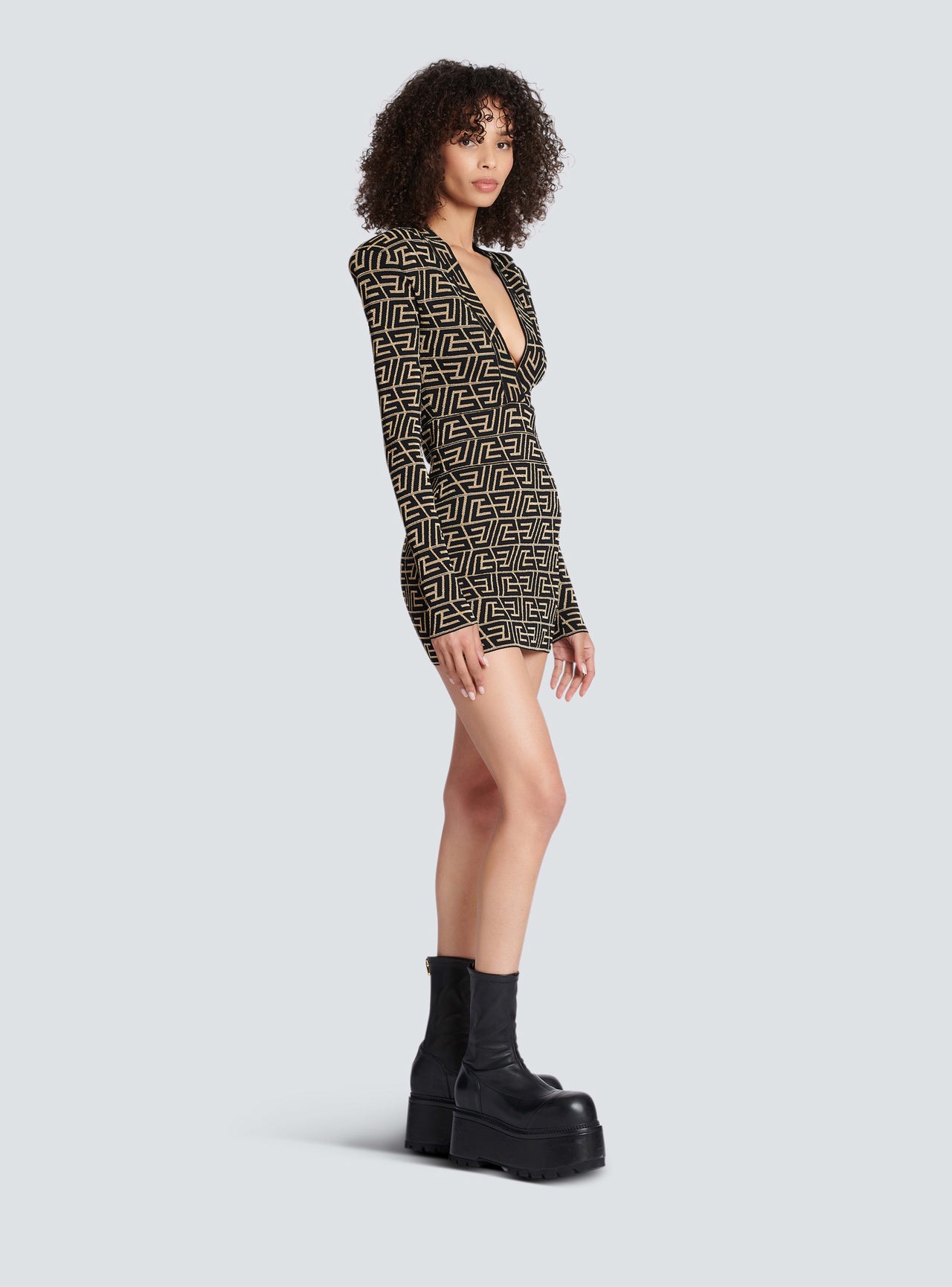 Balmain Women's Ls V Neck Pyramide Pb Knit Short Dress