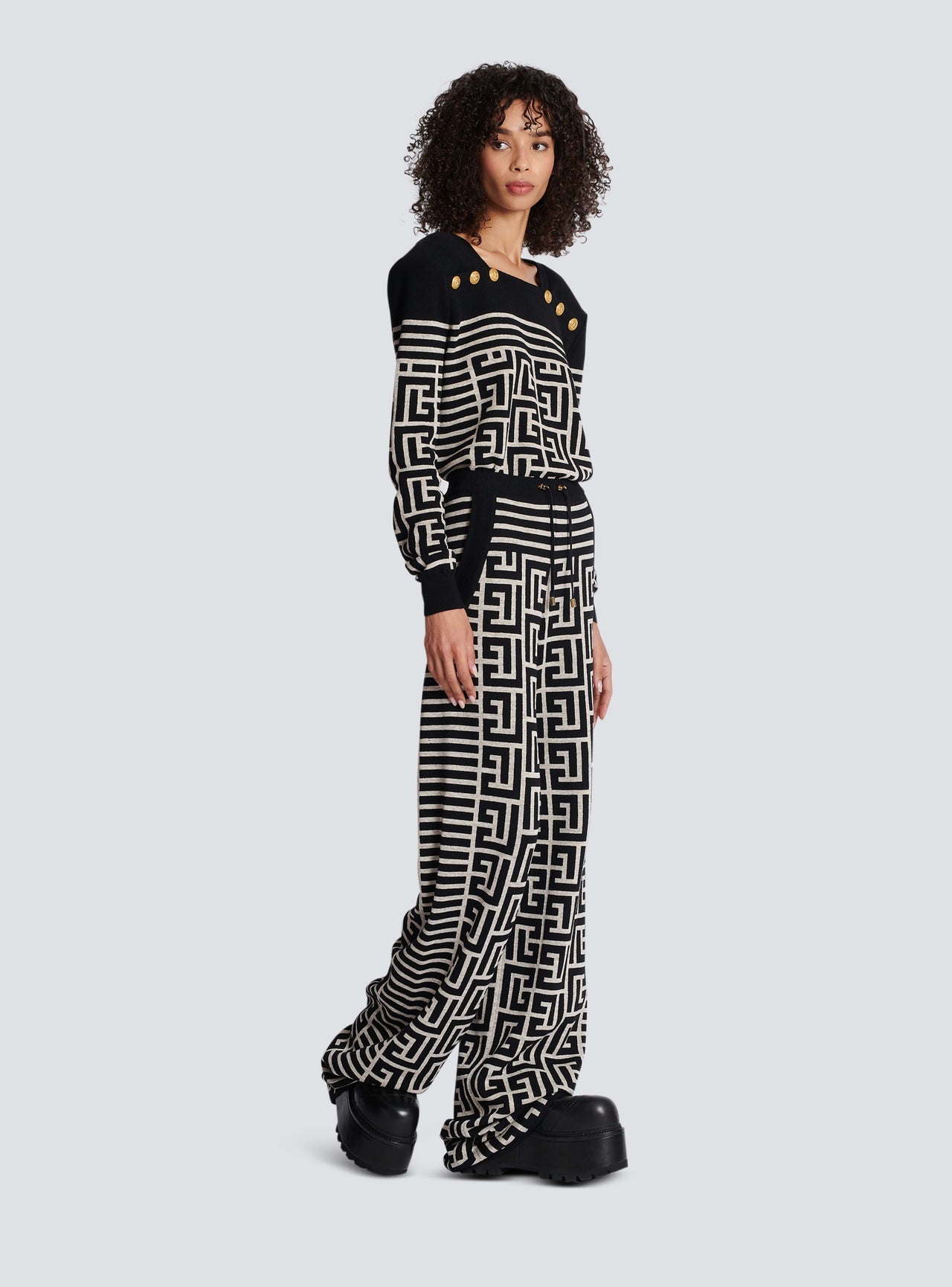 Balmain Women's Striped Monogram Wool Linen Knit Pants