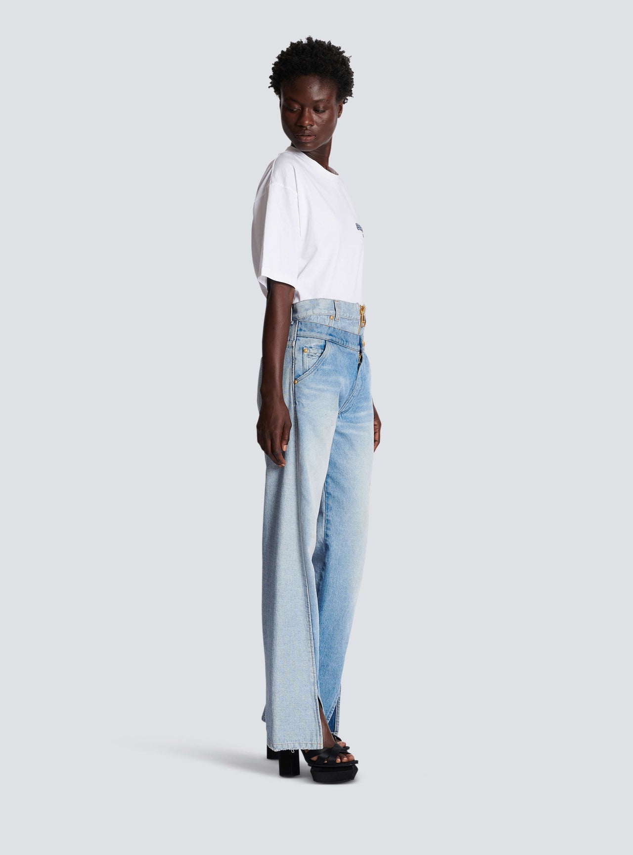 Balmain Women's Vintage Blue Two In One Wide Leg Jeans