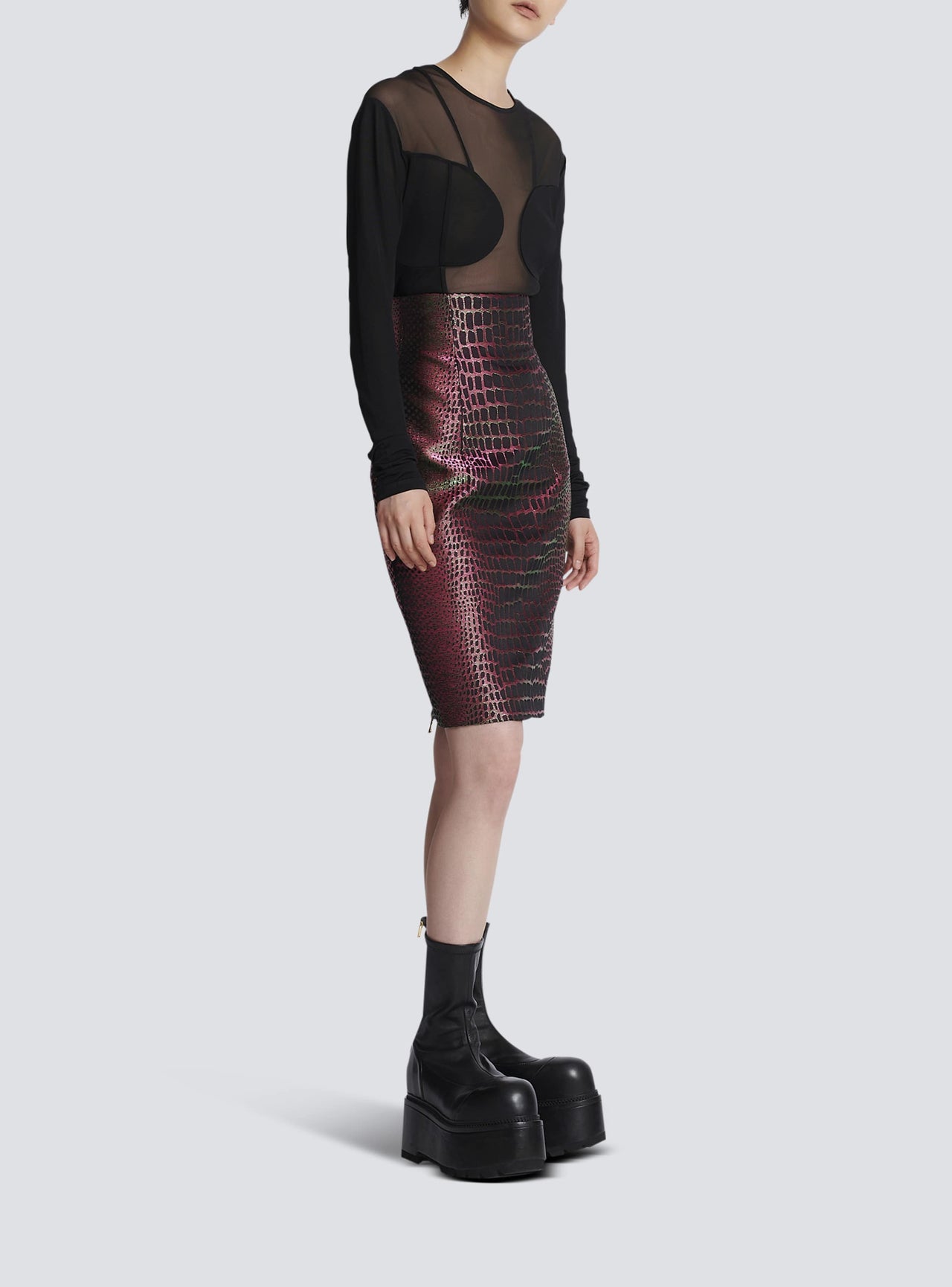 Balmain Women's Hw Iridescent Croco Jacquard Knee Skirt