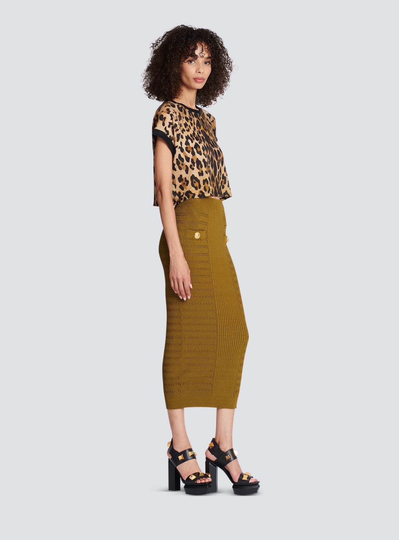 Balmain Women's Leopard Printed Linen Jersey Cropped Ts