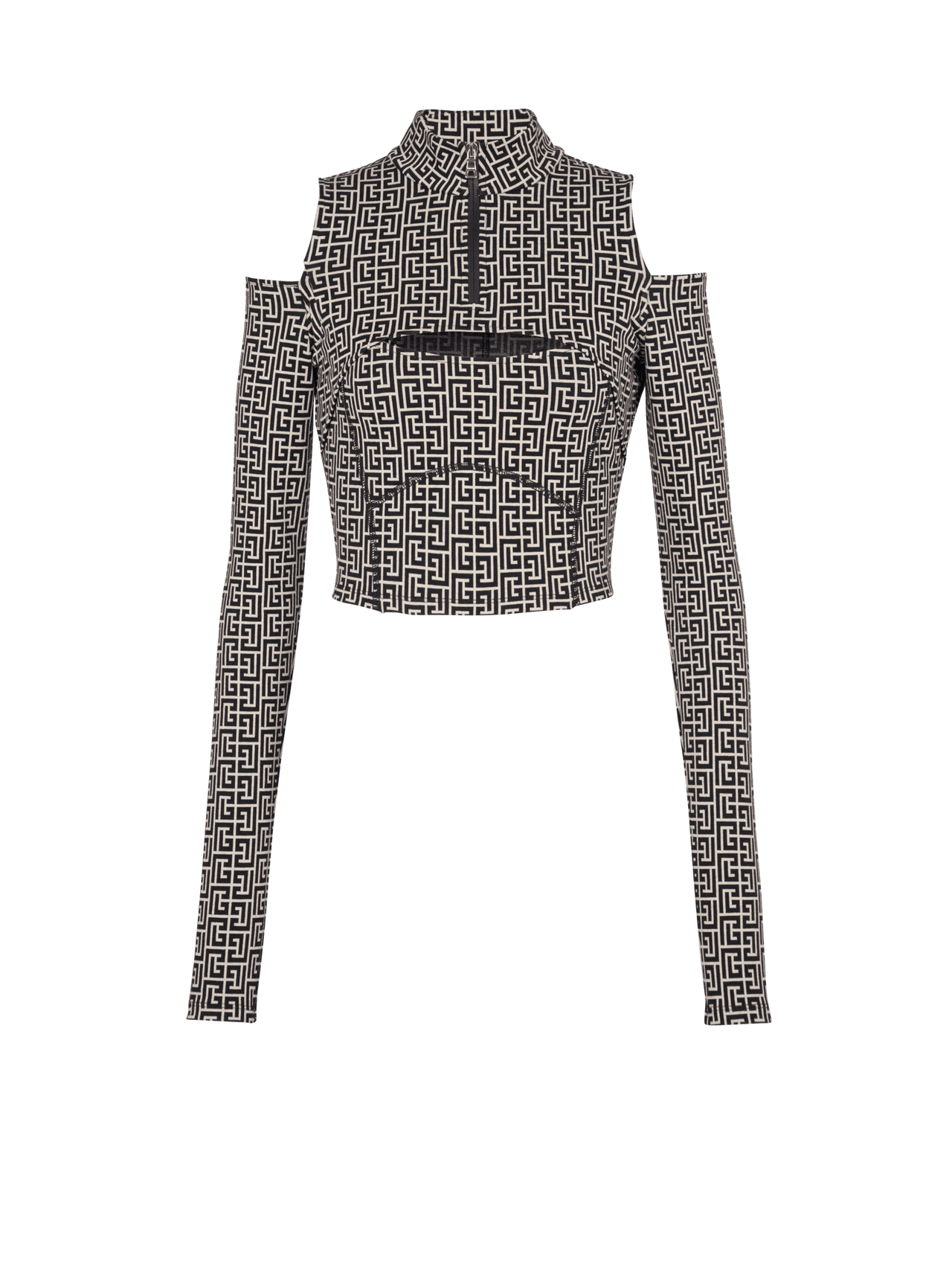 Balmain Women's Ls Cut Monogram Jersey Cropped Top