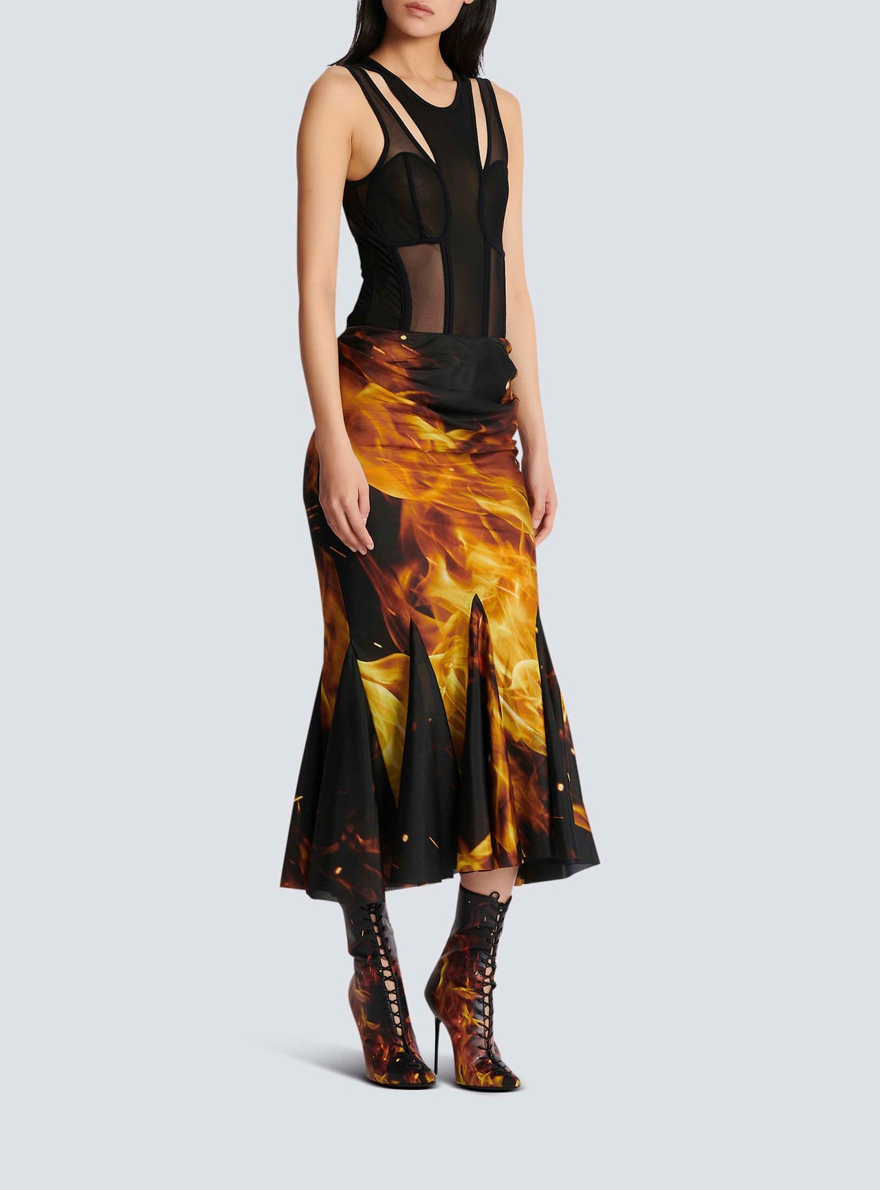 Balmain Women's Draped Fire Printed Midi Skirt