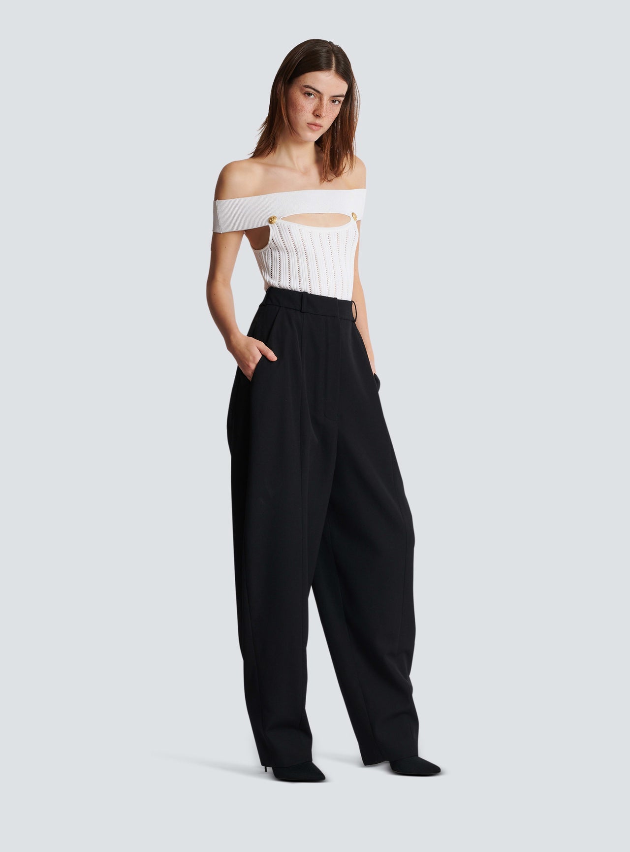 Balmain Women's Off Shoulder Cut Ribbed Knit Body
