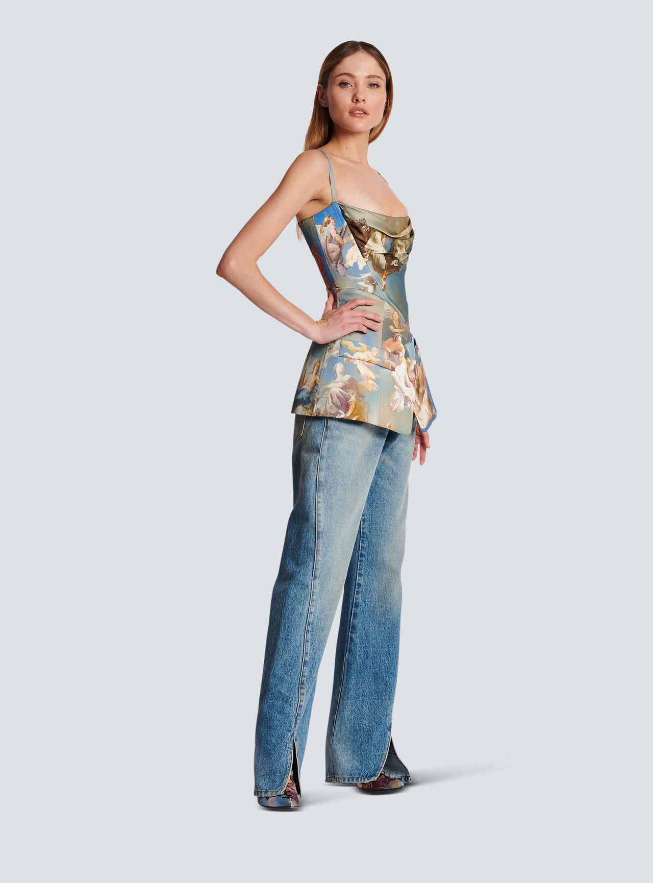 Balmain Women's Strap Tailored Sky Printed Satin Top