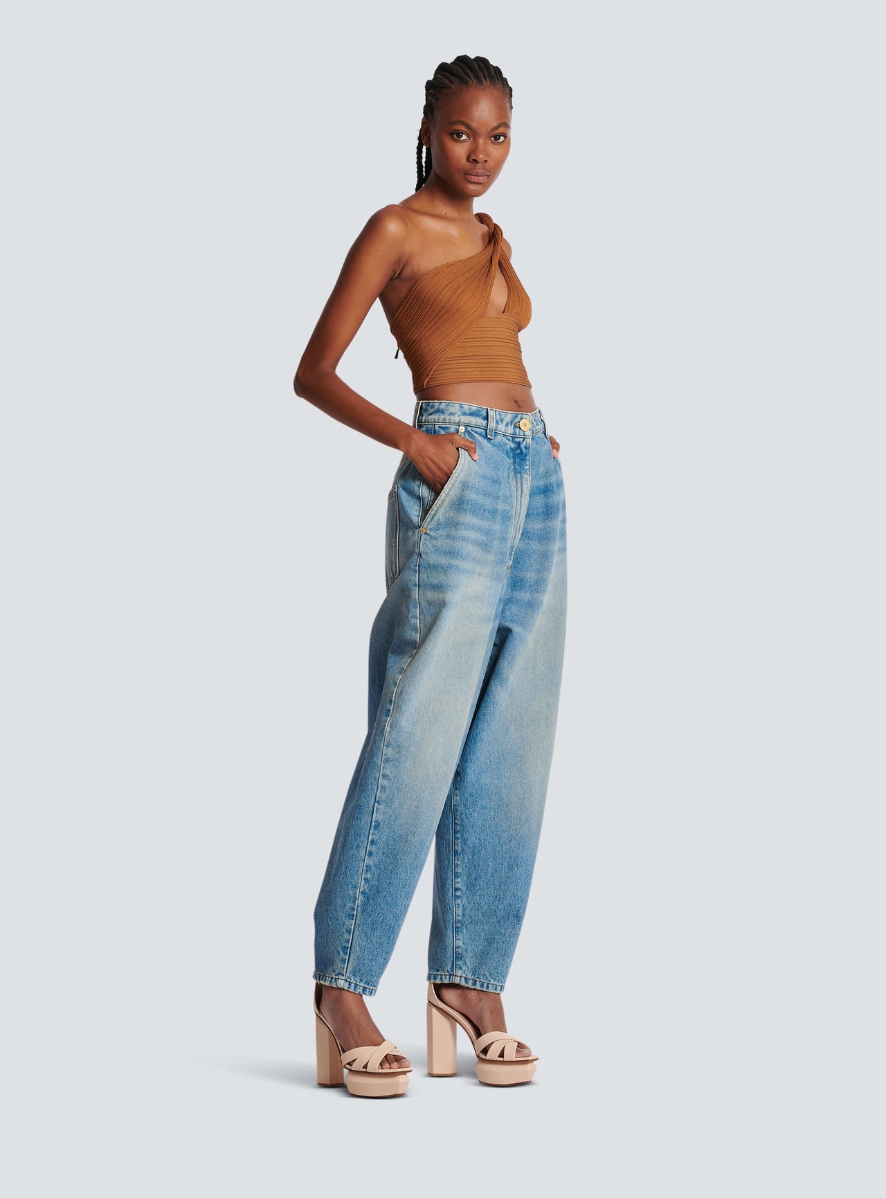 Balmain Women's Braided Asymmetric Pleated Knit Crop Top