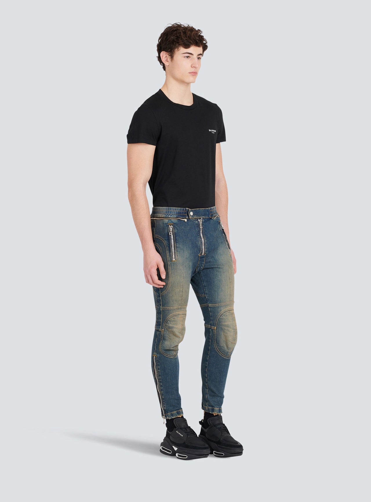 Balmain Men's Knee-Pads Destroyed Rider Jeans