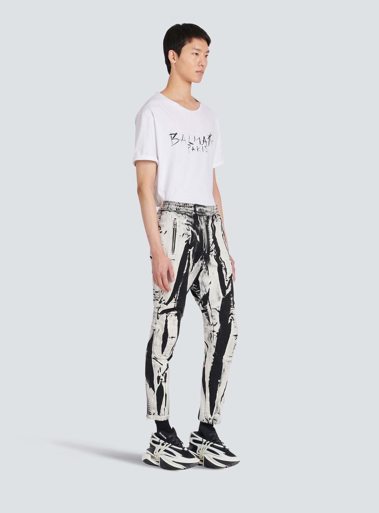 Balmain Men's Knee-Pads B&w Printed Rider Jeans