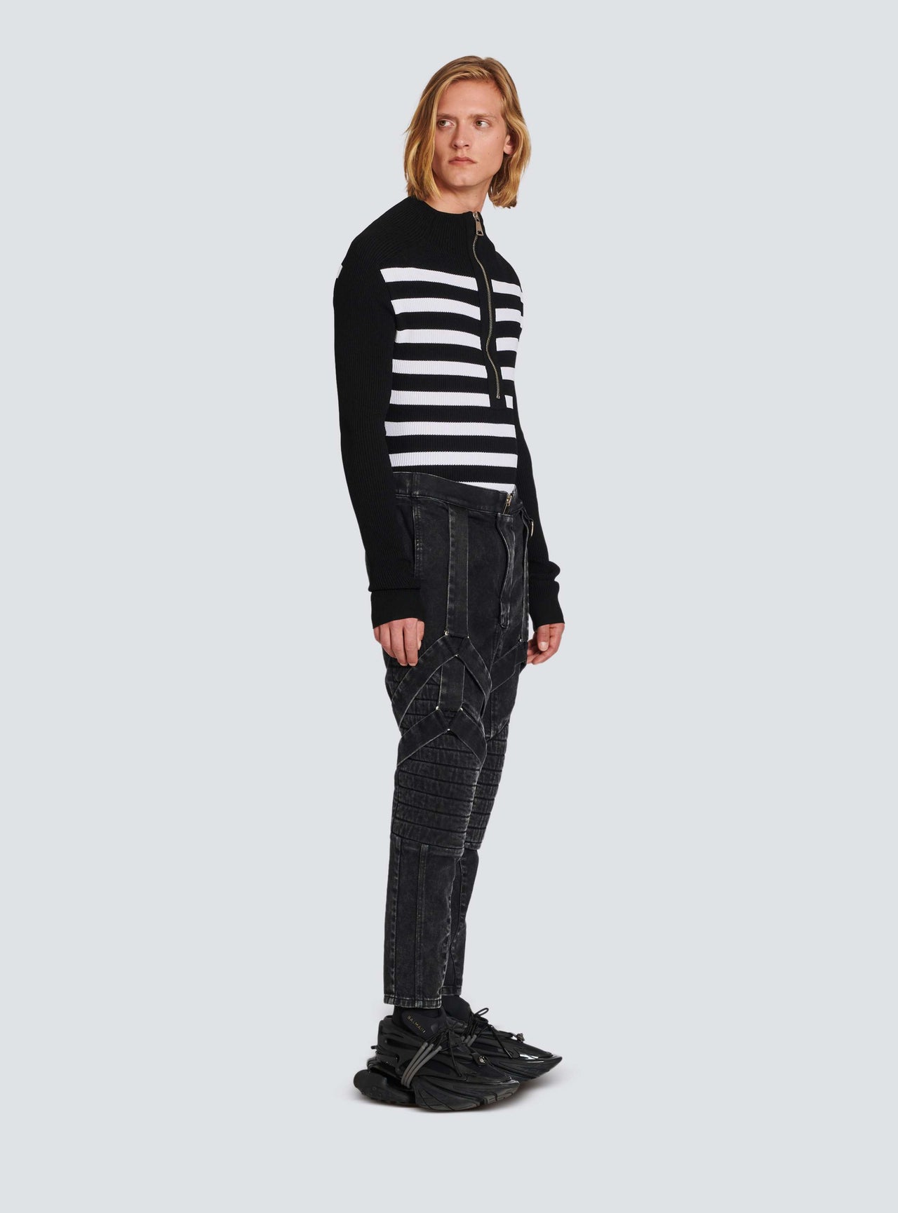 Balmain Men's Multi-Strap Acid Wash Denim Pants