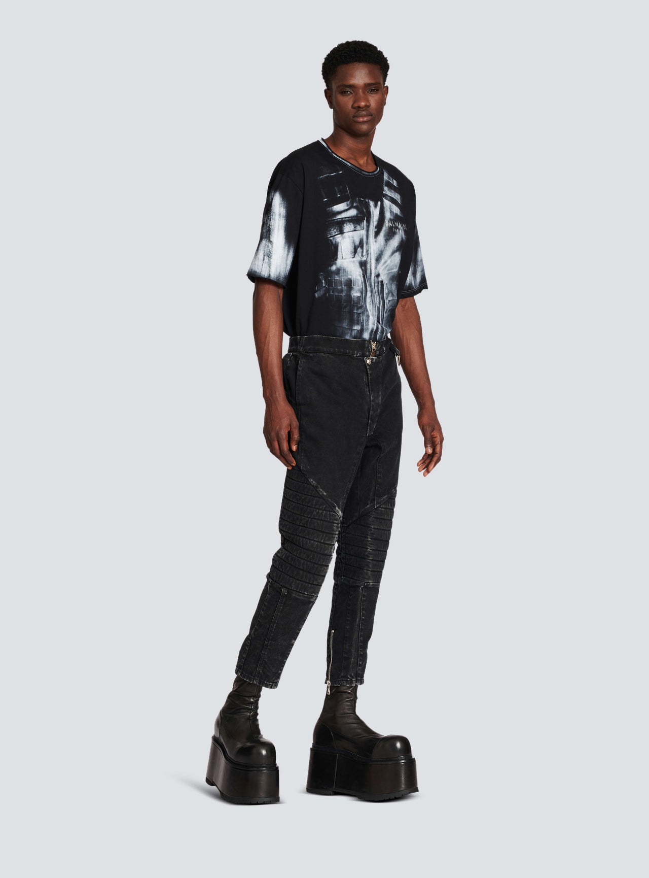 Balmain Men's Knee Pad Acid Wash Denim Pants