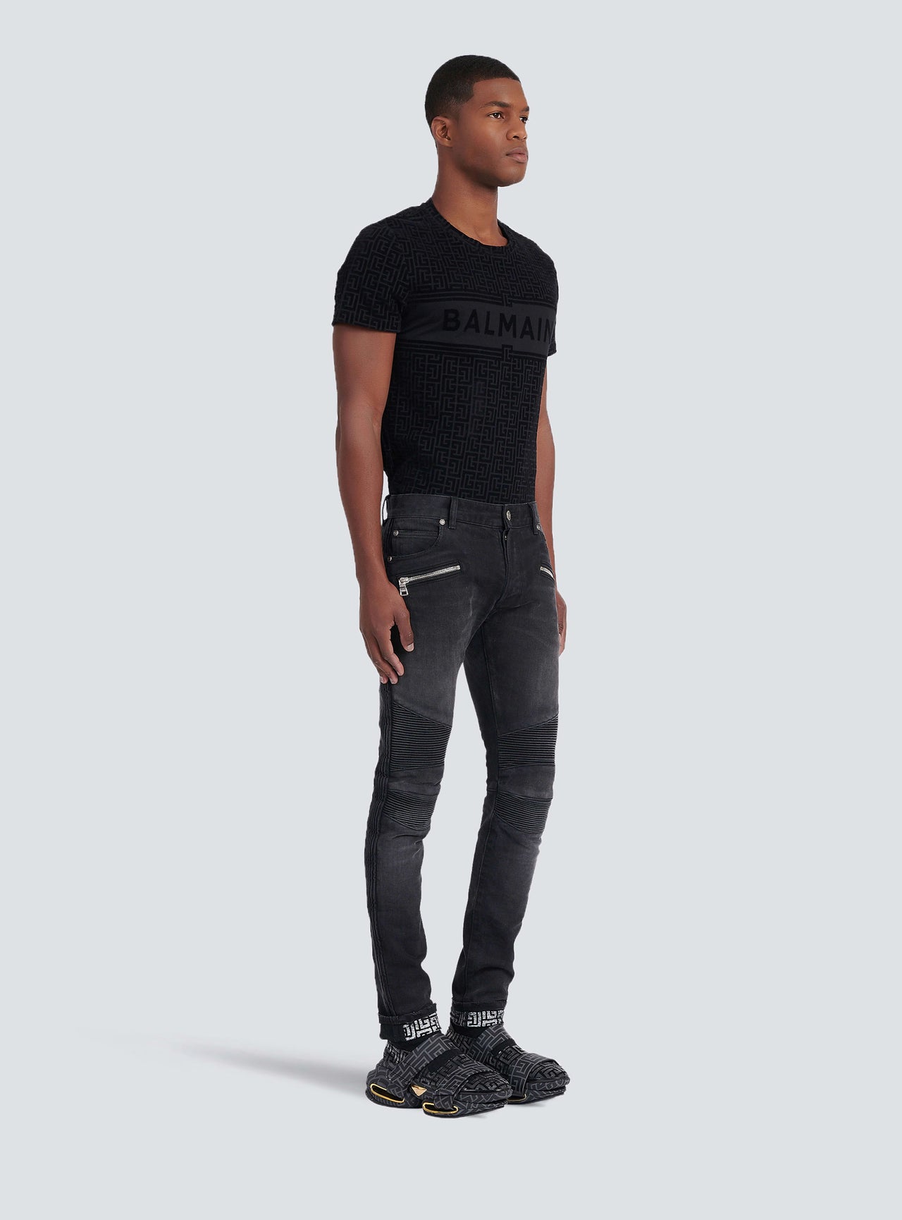 Balmain Men's Monogram Ribbeb Slim Jeans
