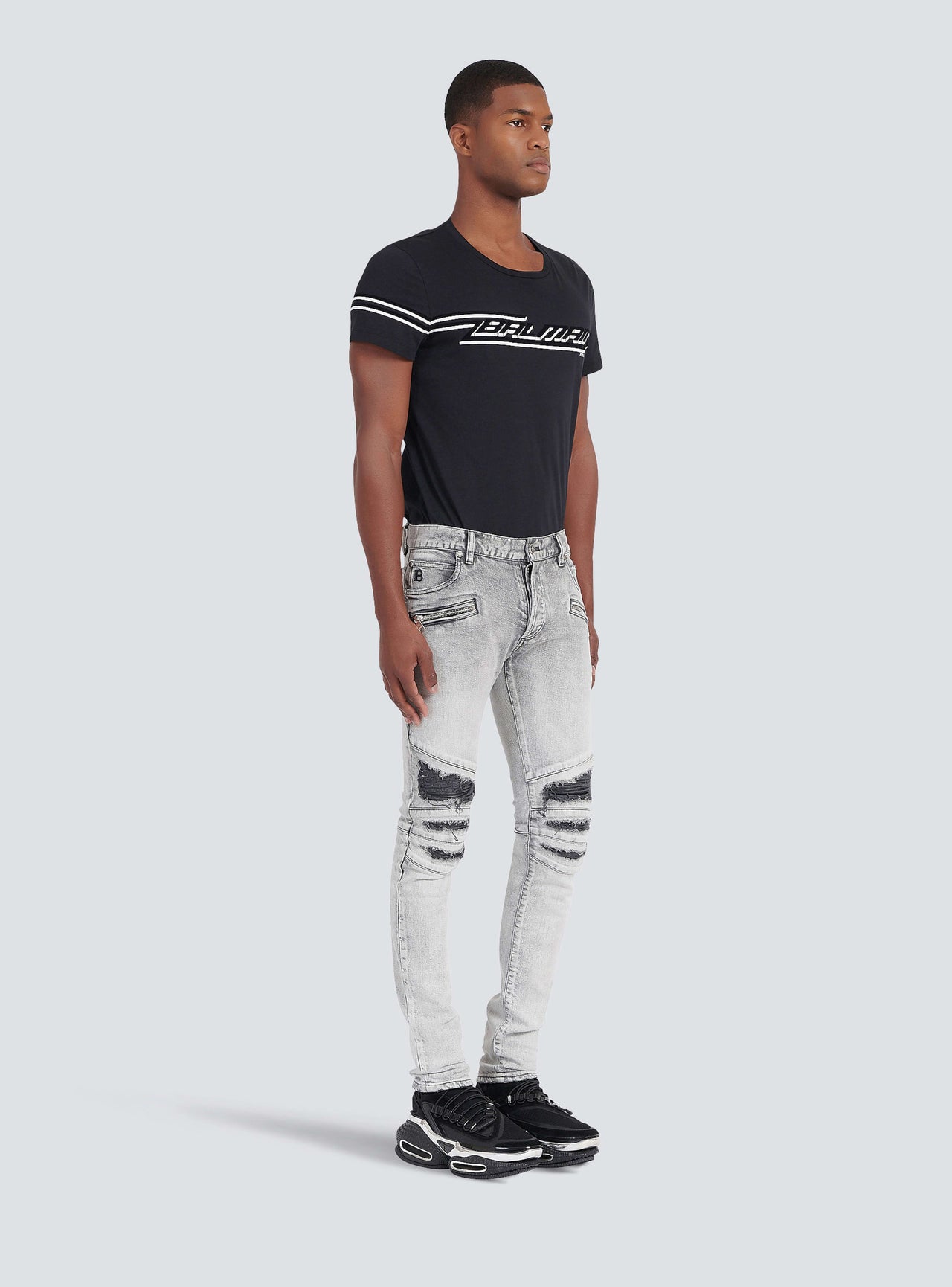 Balmain Men's Ribbed Patches Slim Jeans-Bleached
