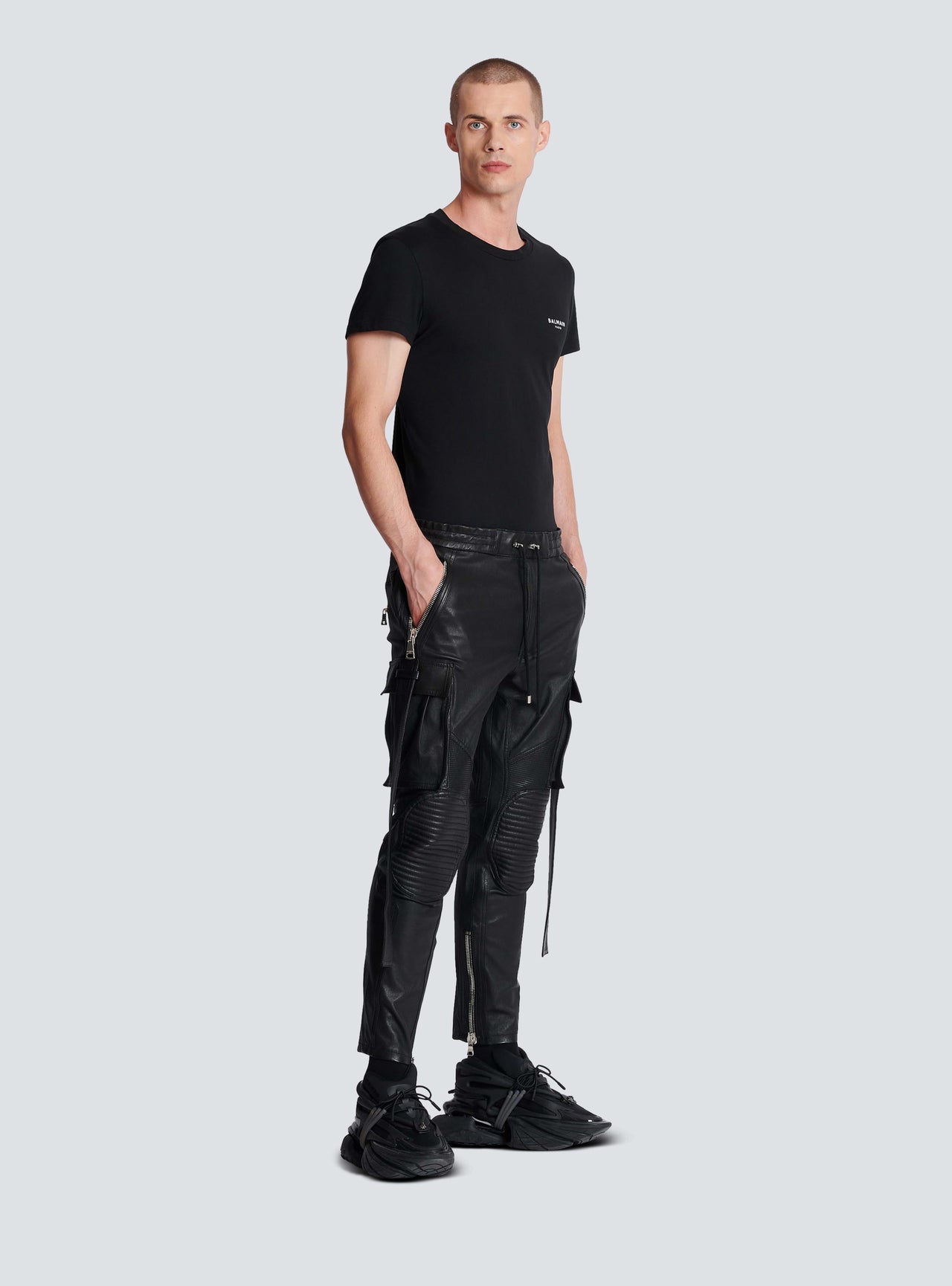 Balmain Men's Strap Detail Leather Rider Pants