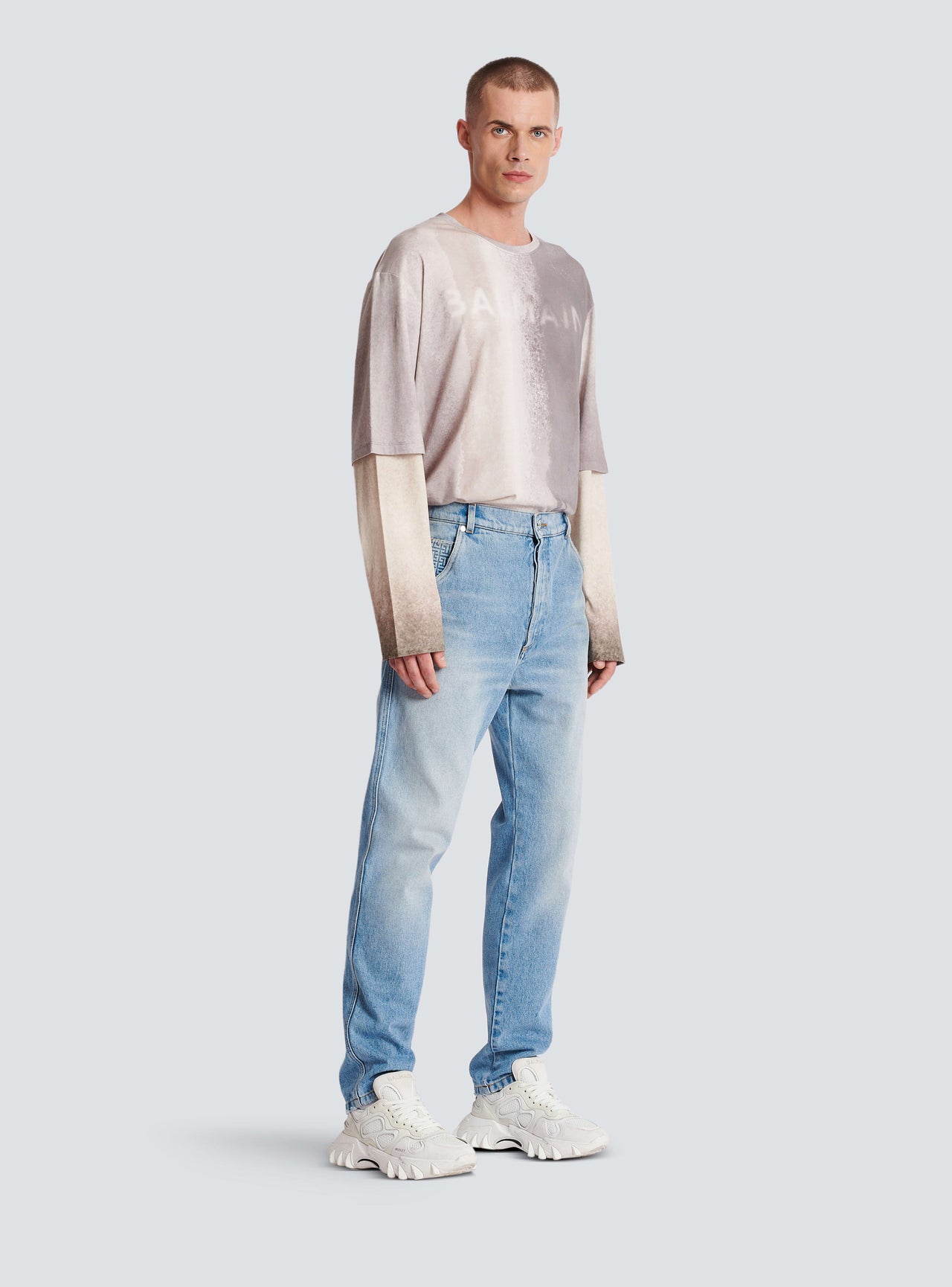 Balmain Men's Straight Monogram Denim Pants