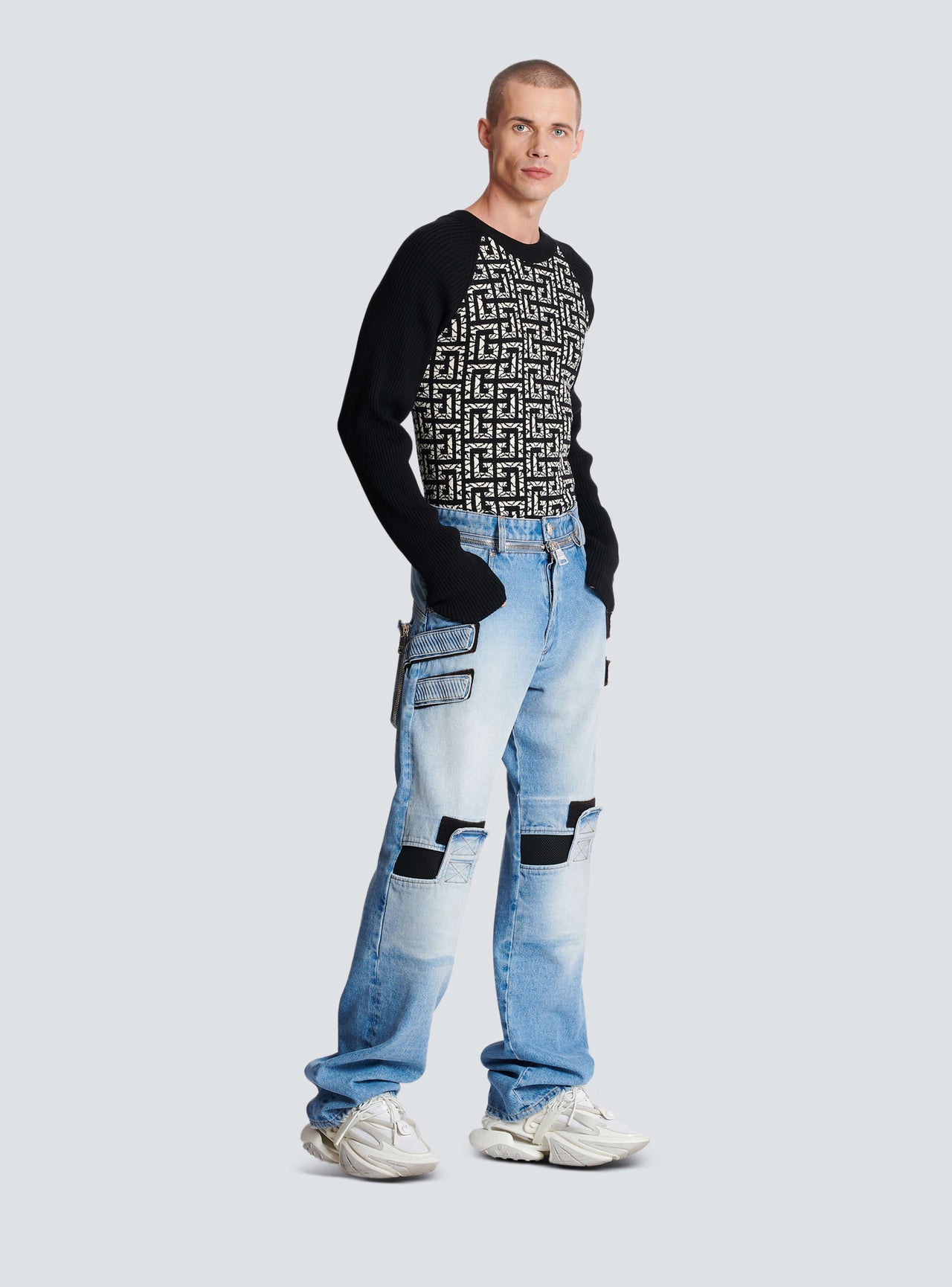 Balmain Men's Knee Patch Loose Blue Denim Pants