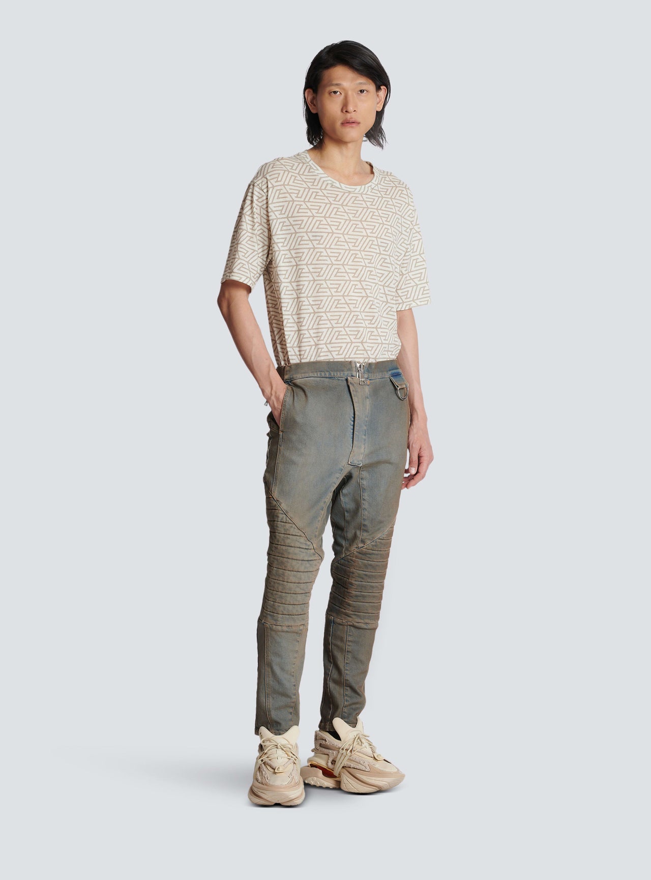 Balmain Men's Knee Pad Dirty Blue Denim Pants