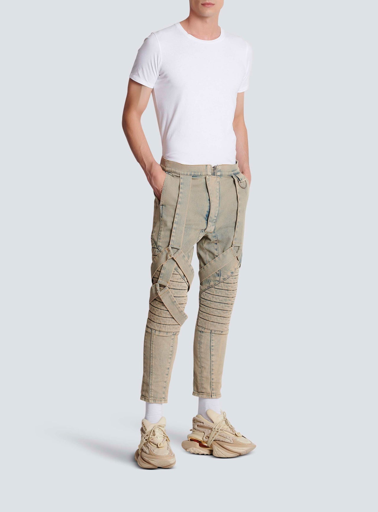 Balmain Men's Multi-Strap Sandy Blue Denim Pants