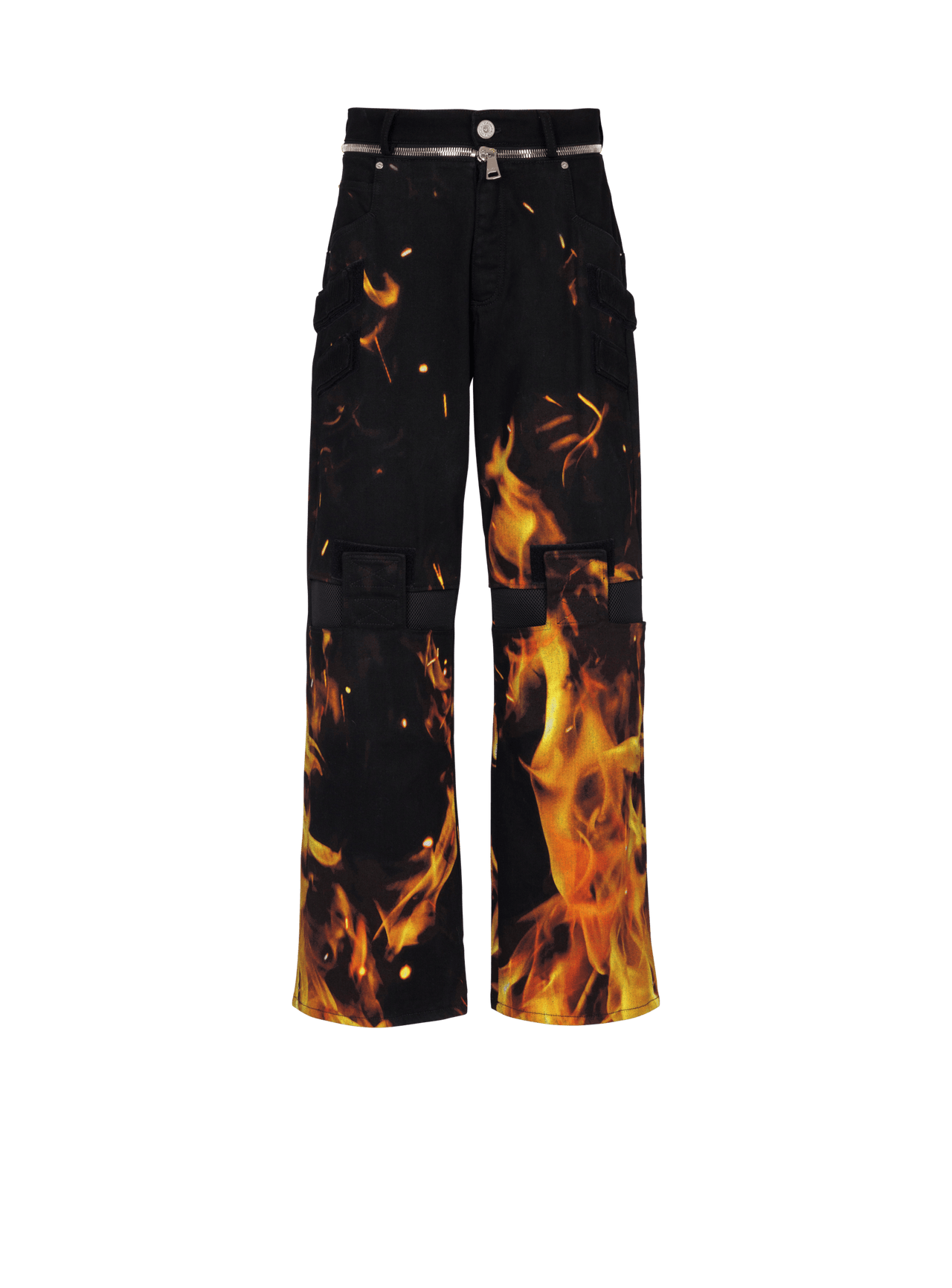 Balmain Men's Kneepatch Fire Printed Loose Denim Pants