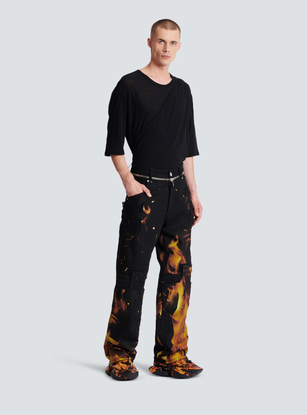 Balmain Men's Kneepatch Fire Printed Loose Denim Pants