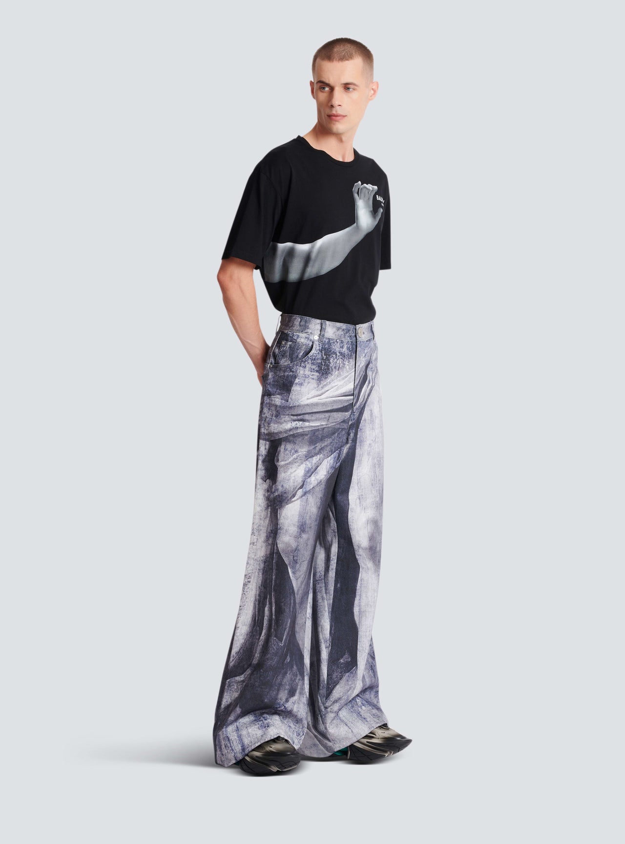 Balmain Men's Statue Printed Loose Denim Pants