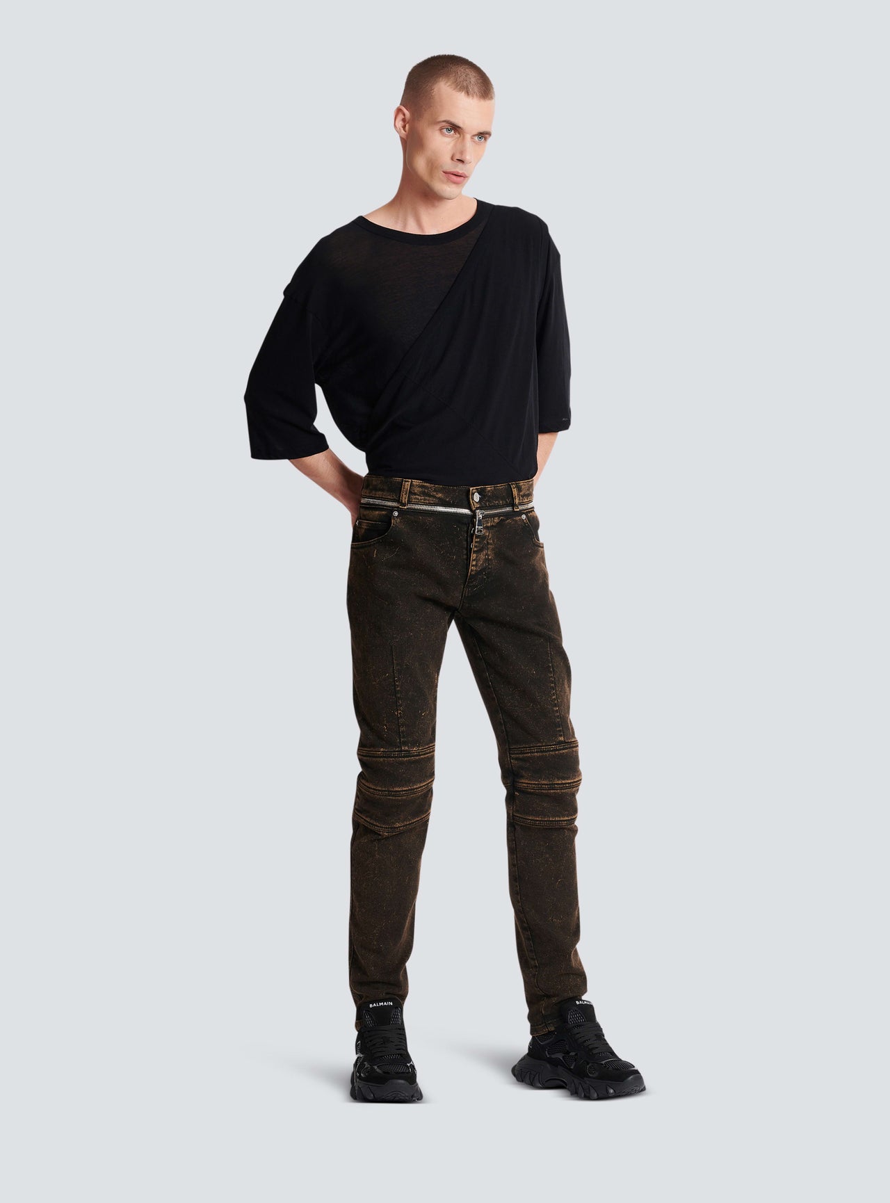 Balmain Men's Zipped Belt Dark Brown Denim Pants
