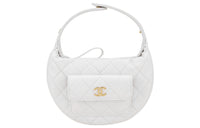CHANEL Grained Litchi Cow Leather Crescent Moon Bag Clutch Mini Women's White