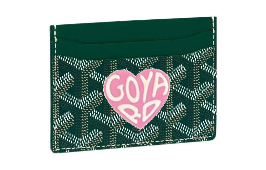 GOYARD Canvas With Calfskin Card Clip Card Holder Unisex Green With Pink And Red Small Heart
