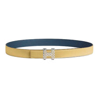 HERMES Metal Palladium-Plated Calfskin Leather Belts Women's Yellow Width 2.4CM