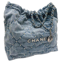 CHANEL Washed Denim Denim Handbag Shoulder Bag Crossbody Bag Medium Size Women's Blue