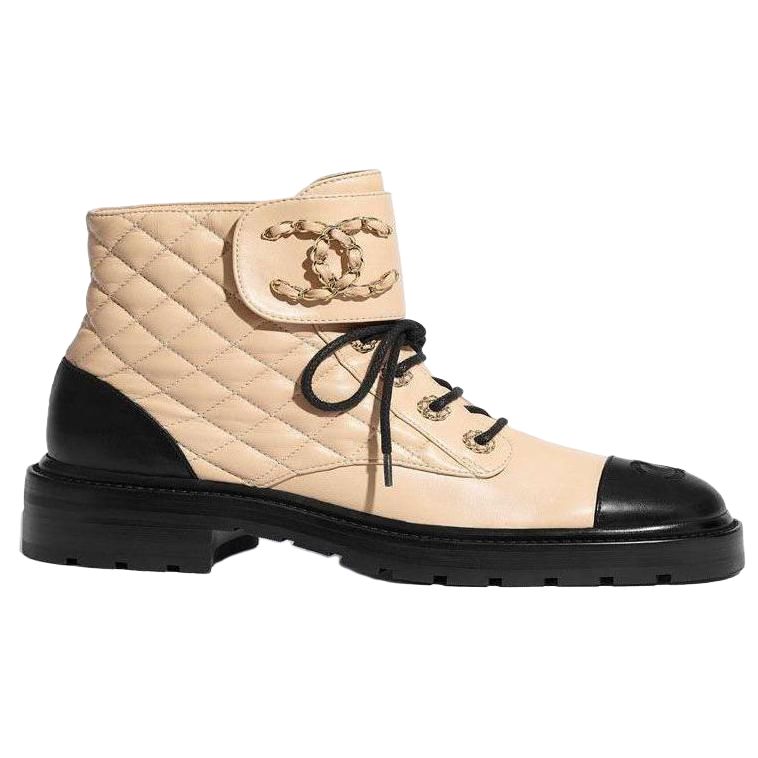 CHANEL Quilted Lace Up Combat Boot Beige Leather