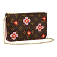 LOUIS VUITTON Pochette Double Zip Monogram Blooming Flowers Brown/Rose Ballerine