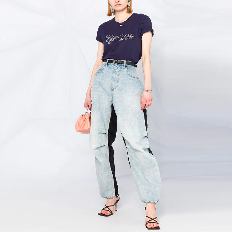 (WMNS) Off-White SS21 Logo Printing Short Sleeve Slim Fit Navy Blue T-Shirt OWAA049R21JER0124501