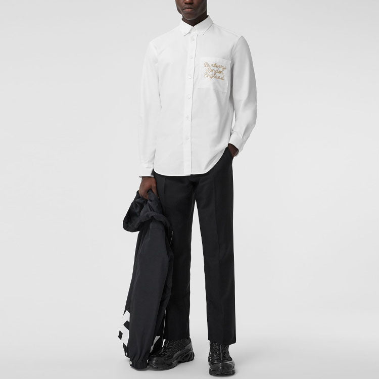 Men's Burberry Embroidered Logo Long Sleeves Shirt White 80367551