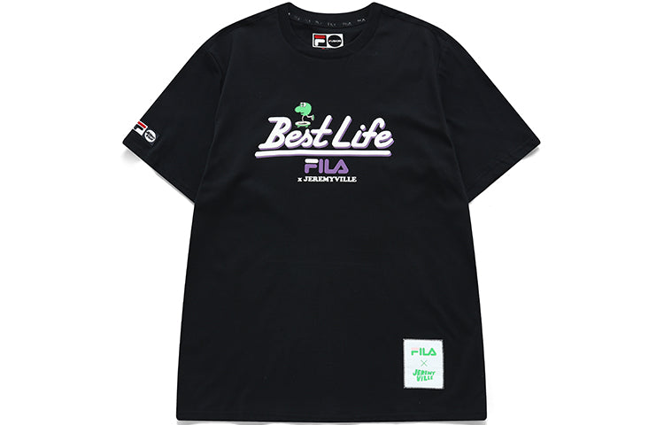 FILA FUSION x Jeremyville Crossover Cartoon Alphabet Printing Sports Short Sleeve Couple Style Black T11U139104F-BK